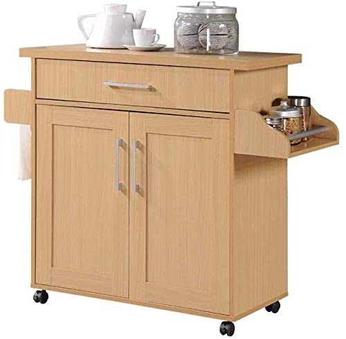 Hodedah Beech Wood Kitchen Cart with Spice Rack & Towel Holder - Mobile Storage Island for Small Spaces, Perfect for Kitchen Organization, Dining Room or Pantry Storage