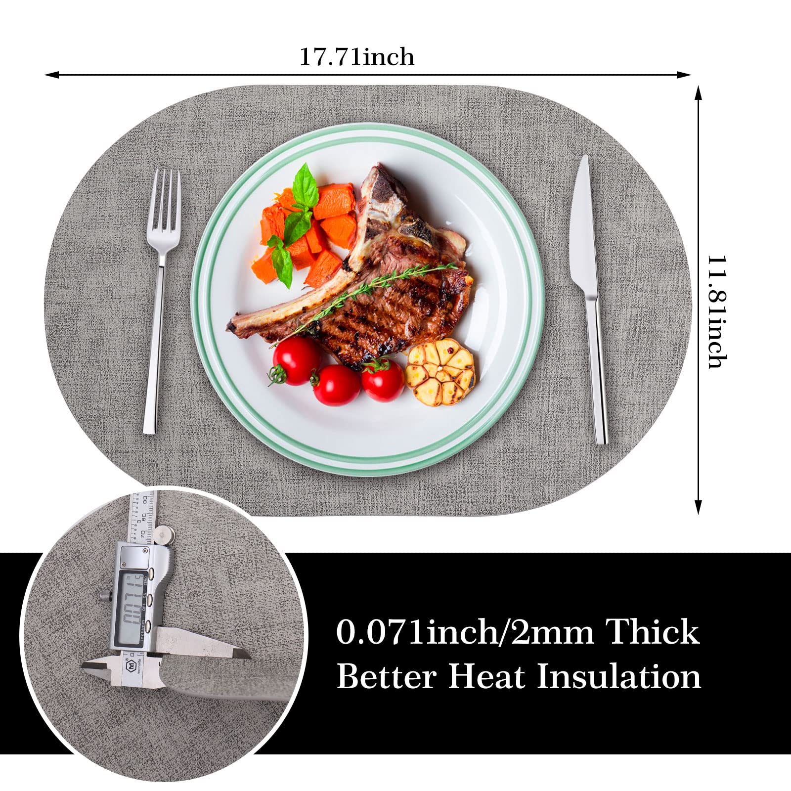 ANUNU Set of 6 Double-Sided Faux Leather Placemats - Heat Resistant, Waterproof, Non-Slip Dining Table Mats for Kitchen & Restaurant Use (Grey) - Perfect for Everyday Meals, Dinner Parties & Holiday Gatherings