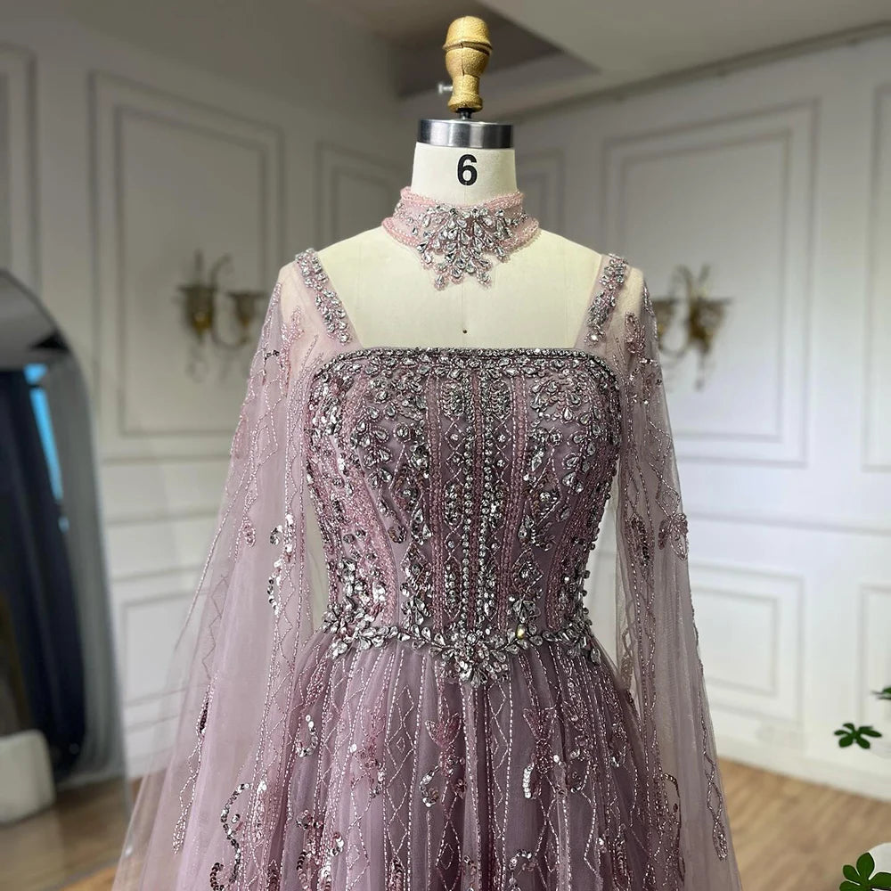 Luxury Dubai Arabic Nude A-Line Cape Sleeve Crystal Beaded Evening Gown for Women - Saudi Formal Dress LA72764 | Wedding, Prom, Gala & Special Occasions