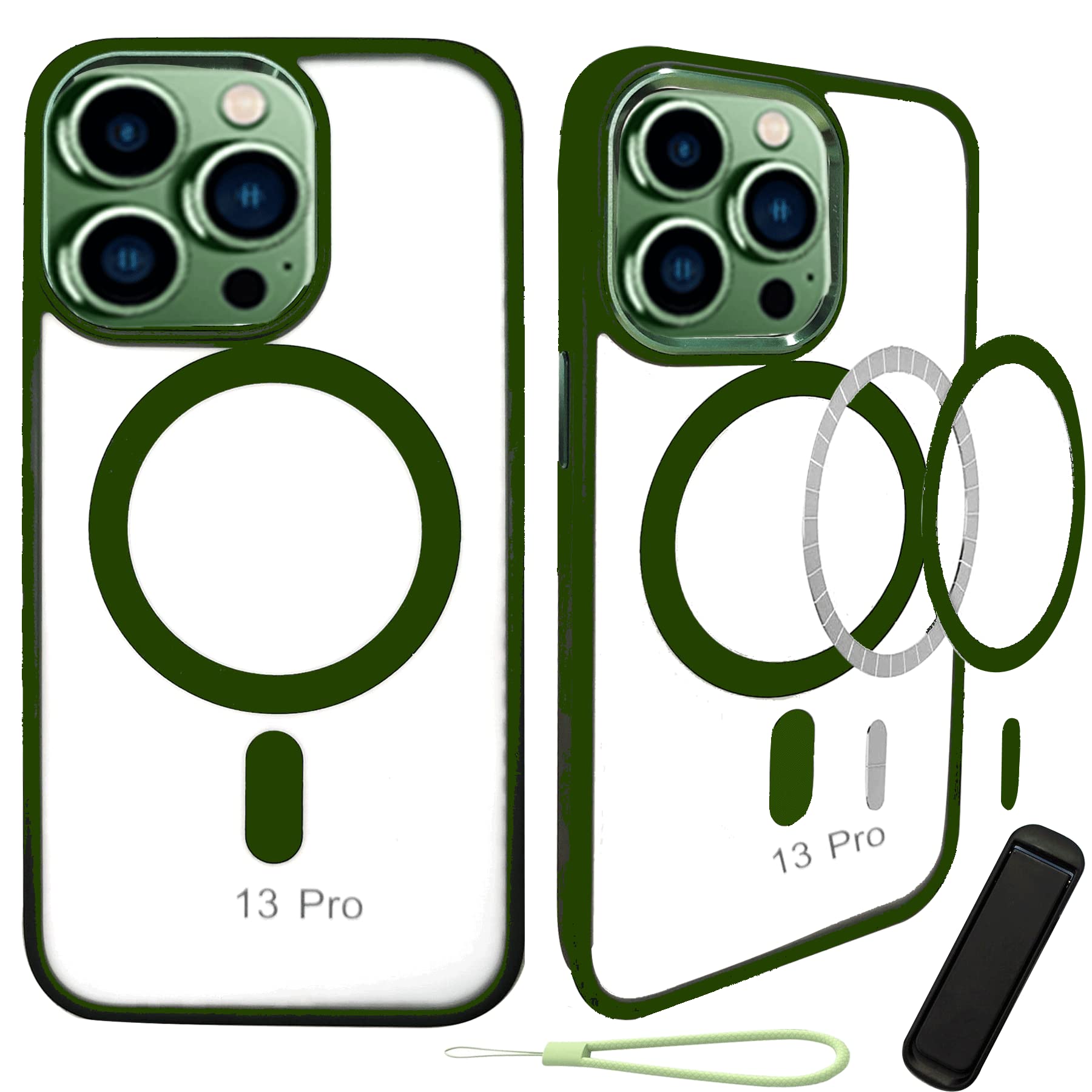 **Apple iPhone 13 Pro Case - Green Clear Magnetic Case with Metal Phone Holder | Compatible with MagSafe Accessories | Anti-Scratch & Anti-Fingerprint | Perfect for Work, Travel & Everyday Protection**