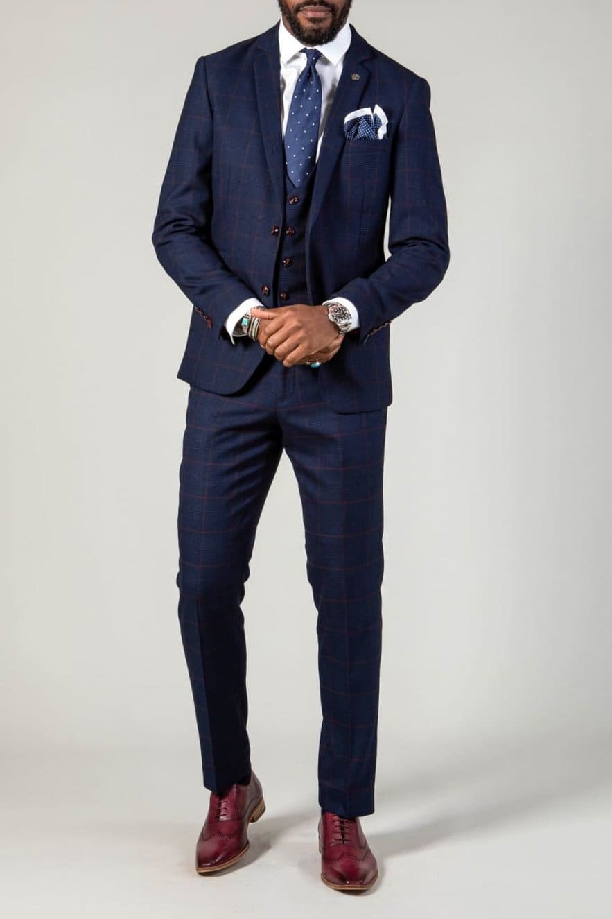 Marc Darcy Edinson Navy Check Blazer for Men - Slim Fit Business Casual Jacket - Perfect for Office, Weddings & Formal Events