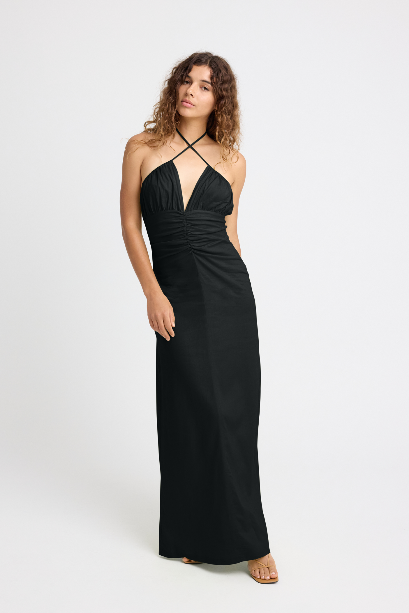 Dani Linen Halter Dress for Women - Summer Black Flowy Beach Dress for Vacation, Party & Casual Wear