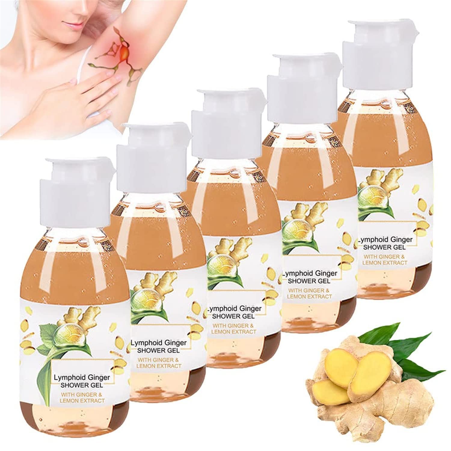 Organic Ginger Lymphatic Drainage Shower Gel - Natural Herbal Moisturizing Body Wash with Gingerol for Skin Rejuvenation & Detox (5 Pack) | Perfect for Post-Workout Recovery & Spa-Like Relaxation at Home