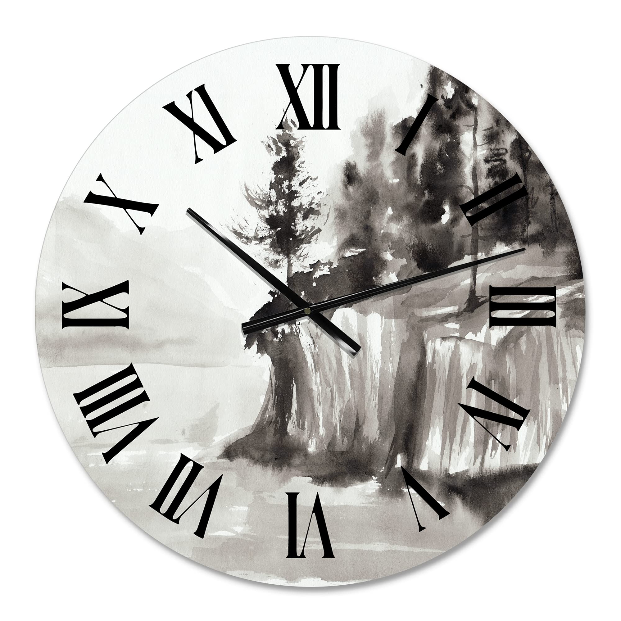 DesignQ Nautical Coastal Wall Clock - Monochrome Cliffs by The Lake - Large Landscape Nature Wall Clock for Home Office Decor - Perfect for Living Room, Bedroom & Coastal Themed Spaces