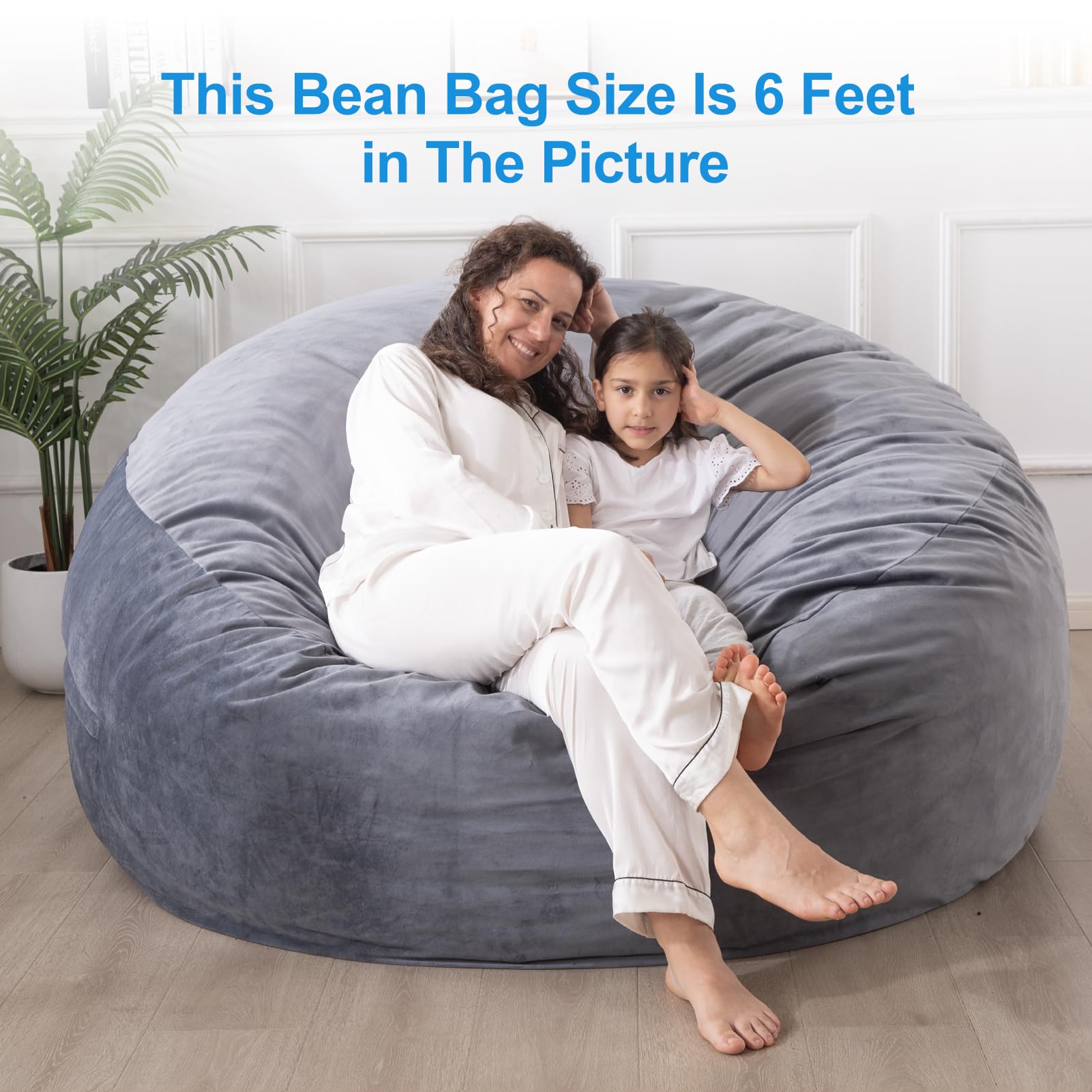 5 ft X-Large Memory Foam Bean Bag Chair for Adults & Kids - Soft Faux Fur Dutch Velvet Fabric with Fillings, Grey - Perfect for Living Room, Bedroom, Game Room or Dorm Relaxation
