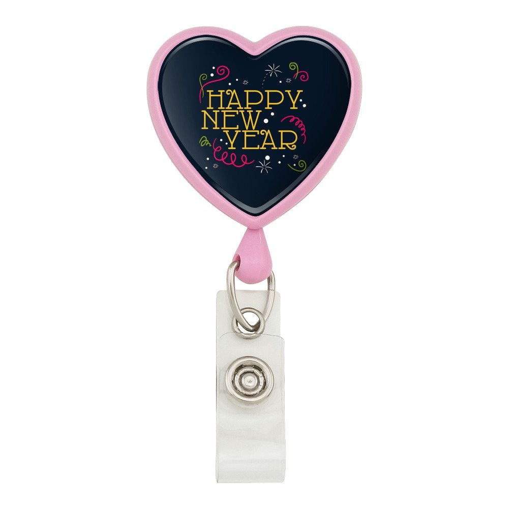 Happy New Year Heart Lanyard Retractable Reel Badge ID Card Holder - Pink | Perfect for Office, Events, Conventions & School Use