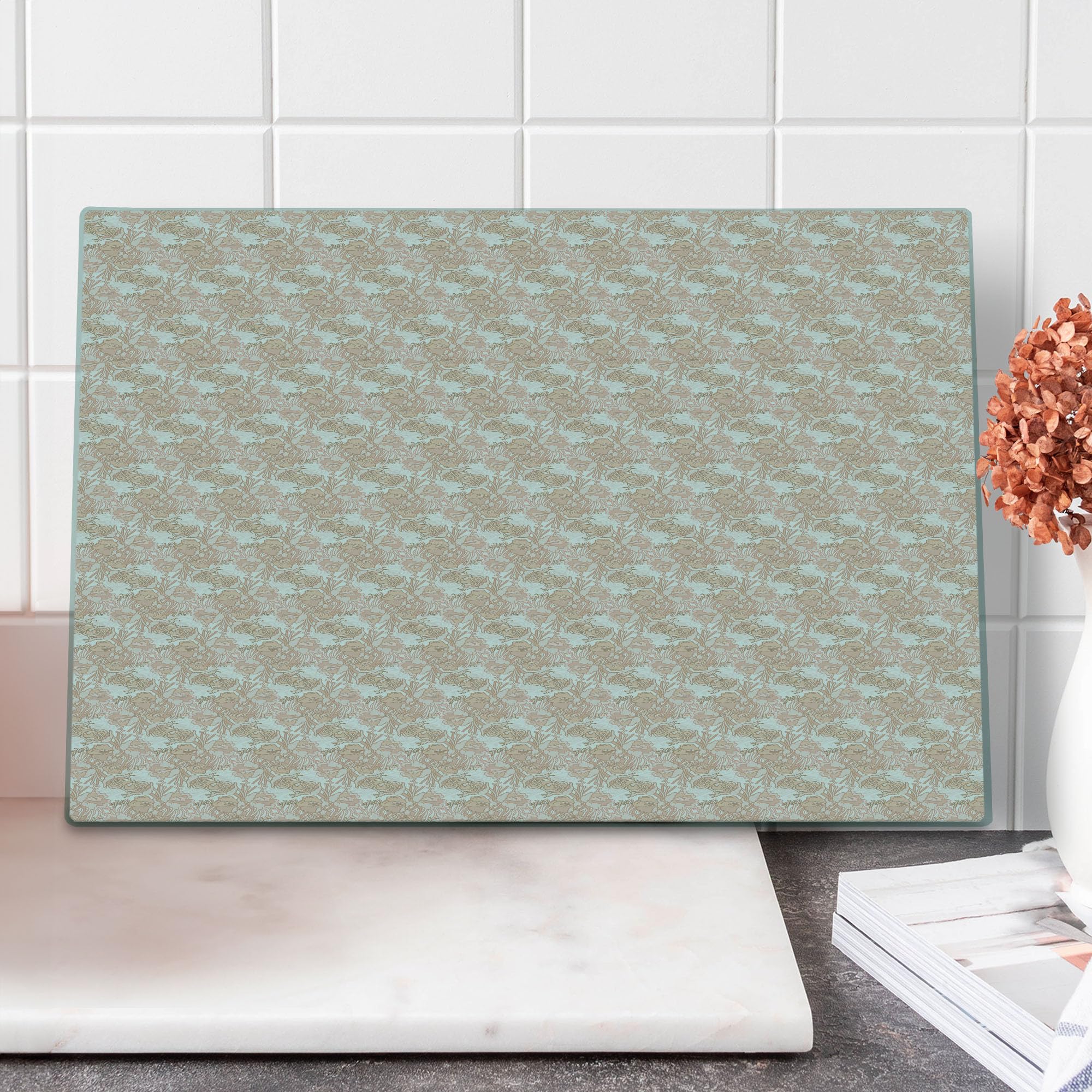 Ambesonne Floral Cutting Board - Hand Drawn Rustic Botany Blossoms Print, Tempered Glass Serving Board for Kitchen & Dining - Large Size (Pale Peach/Off White/Dark Brown) - Perfect for Cheese Platters, Charcuterie, and Home Decor