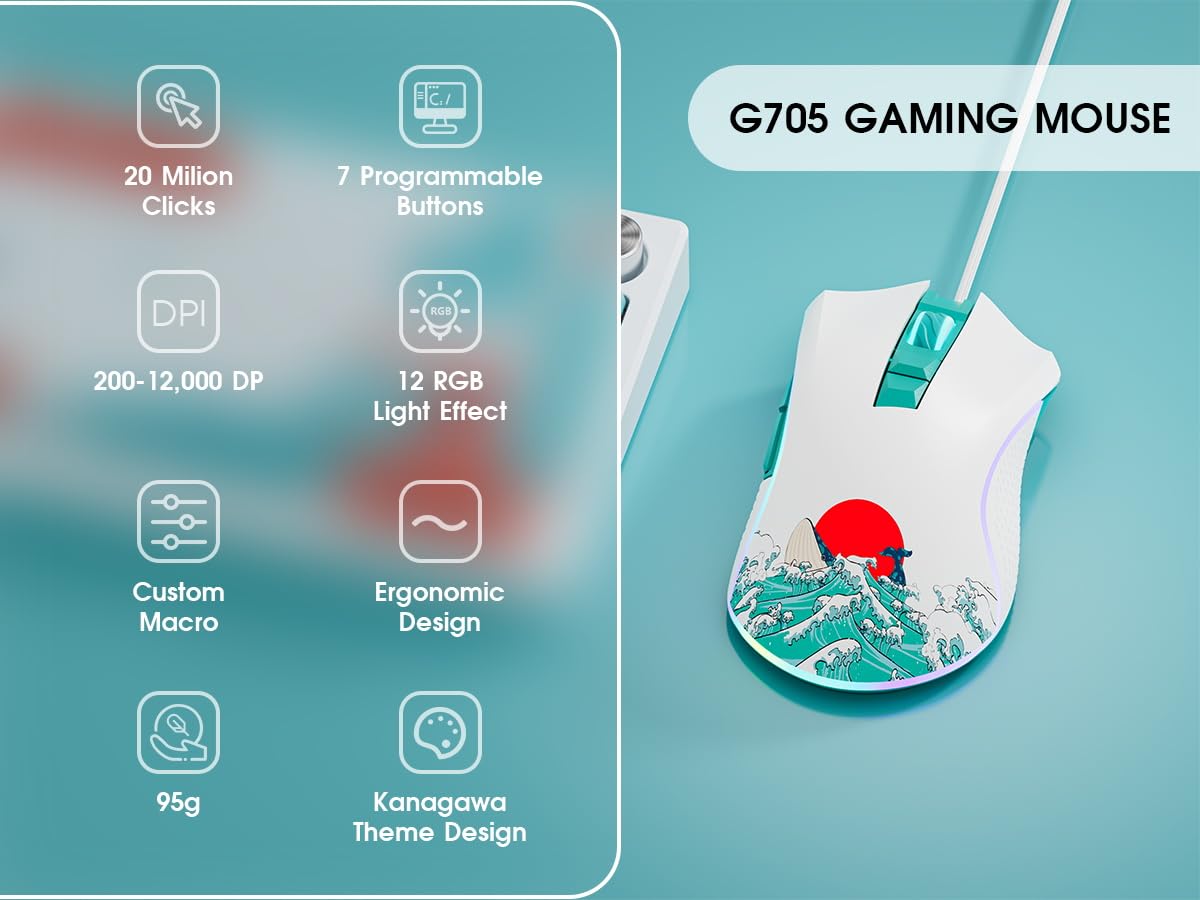 XVX Wired Gaming Mouse - 12000 DPI RGB Gaming Mouse with 12 Backlit Modes & 7 Programmable Buttons, Ergonomic PC Gaming Mouse for Windows/Mac, Customizable Keybindings - Perfect for FPS, MOBA & MMO Gaming (Coral Sea)