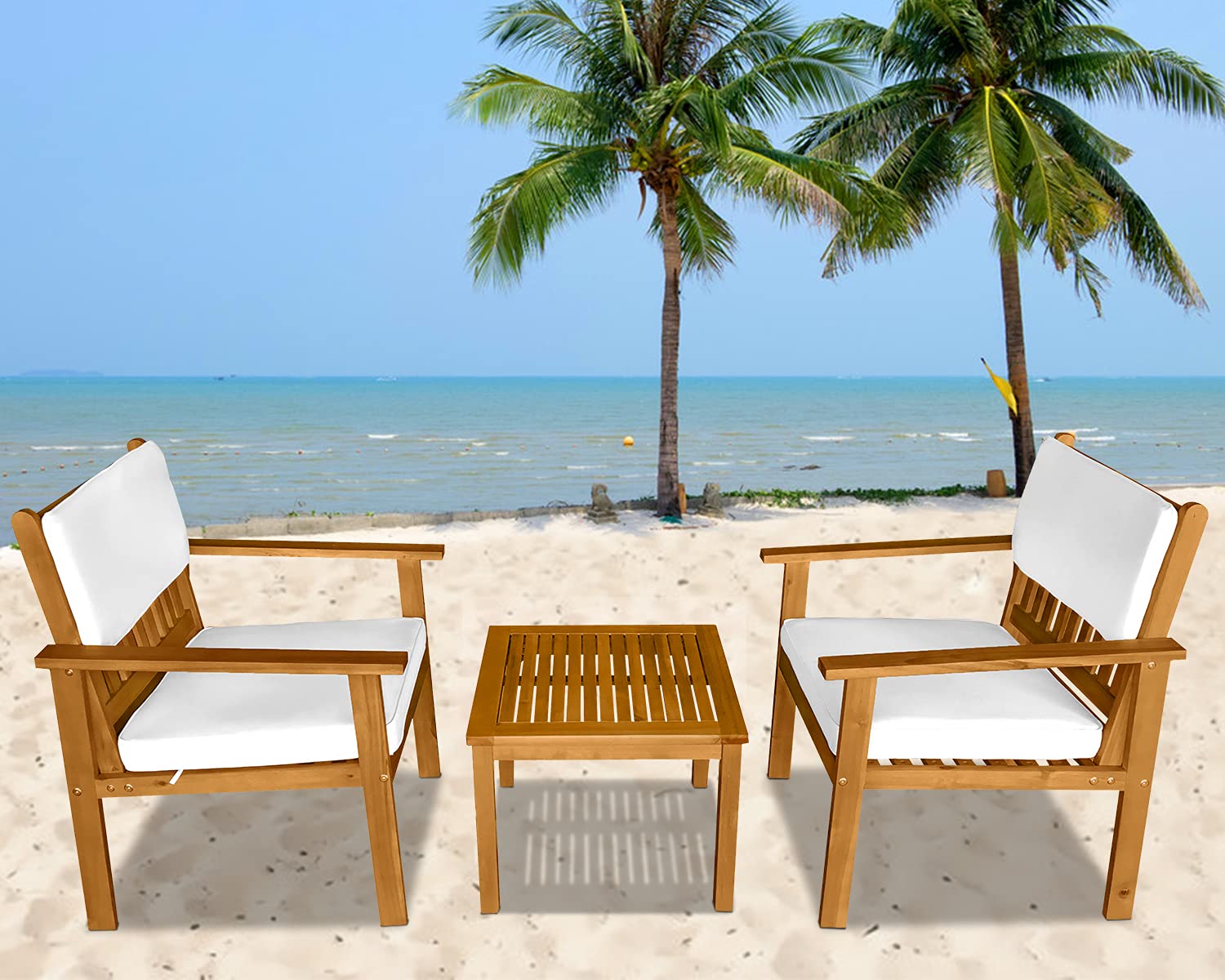 DKeli 3-Piece Acacia Wood Patio Bistro Set with Padded Cushions - Outdoor Garden Furniture Conversation Table & Chairs for Backyard, Poolside, Balcony - Perfect for Relaxing, Entertaining & Dining Al Fresco