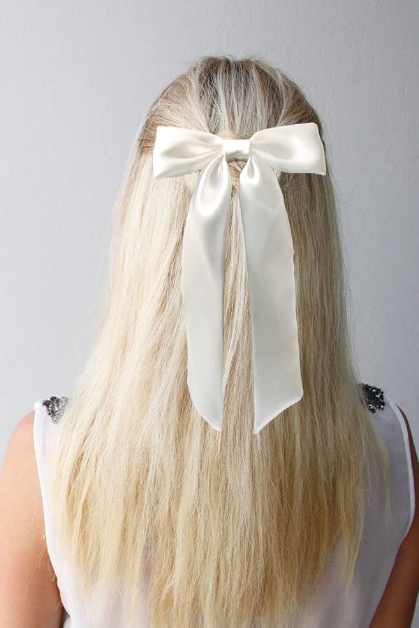 Elegant White Satin Hair Bows for Women & Girls - 2pcs Long Tail Ribbon Hair Clips, Big Pompom Barrettes Hair Accessories | Perfect for Weddings, Parties & Everyday Style