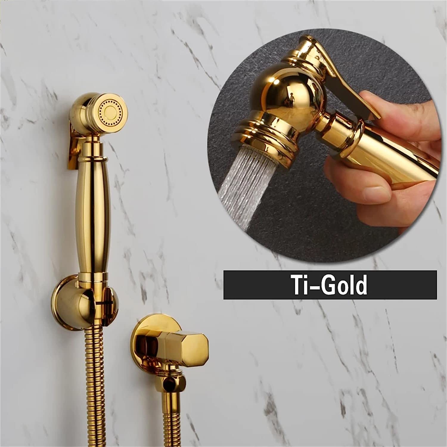 YHJZSM Portable Cold Bidet Sprayer Kit - Brass Gold Titanium Polished Square Shower Head with Copper Valve for Toilet & Hand Shower | Perfect for Bathroom Upgrades, Hygiene Cleaning & Travel Use