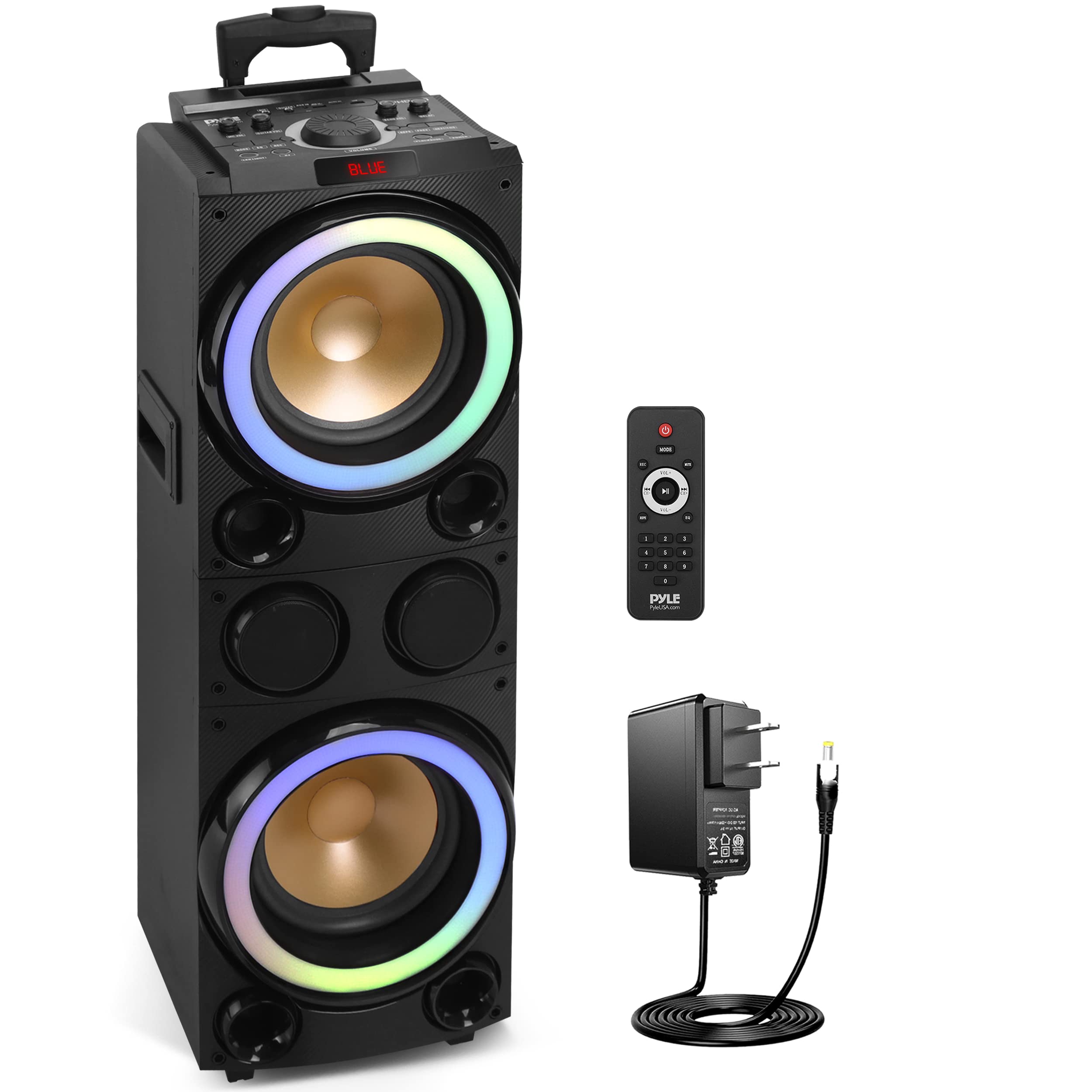 Pyle 10'' Portable Bluetooth Speaker with LED Lights - Wireless Karaoke Speaker System w/USB, Micro SD, FM, BT, Aux, Remote Control, Mic & Guitar Inputs, Built-in Rechargeable Battery, Wheels & Handle - Perfect for Parties, Outdoor Events & Home Entertainment