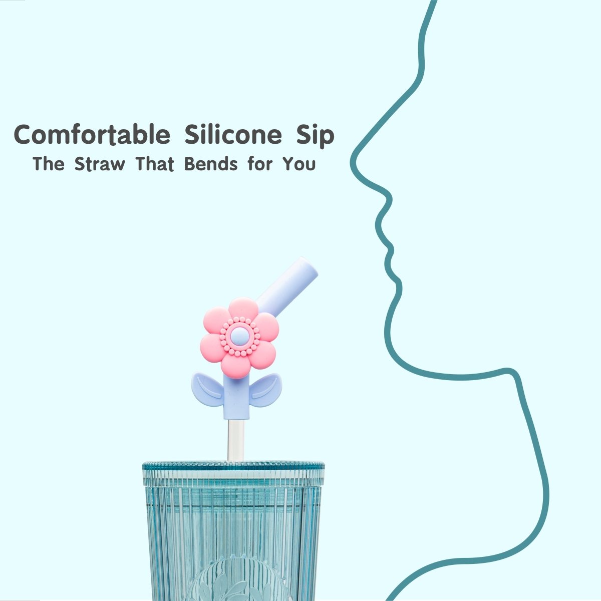26oz Insulated Tumbler with Straw & Leak-Proof Lid - Cute Flower Silicone Straw Tips in Botanica Blue - Perfect for Iced Coffee, Smoothies & Outdoor Activities