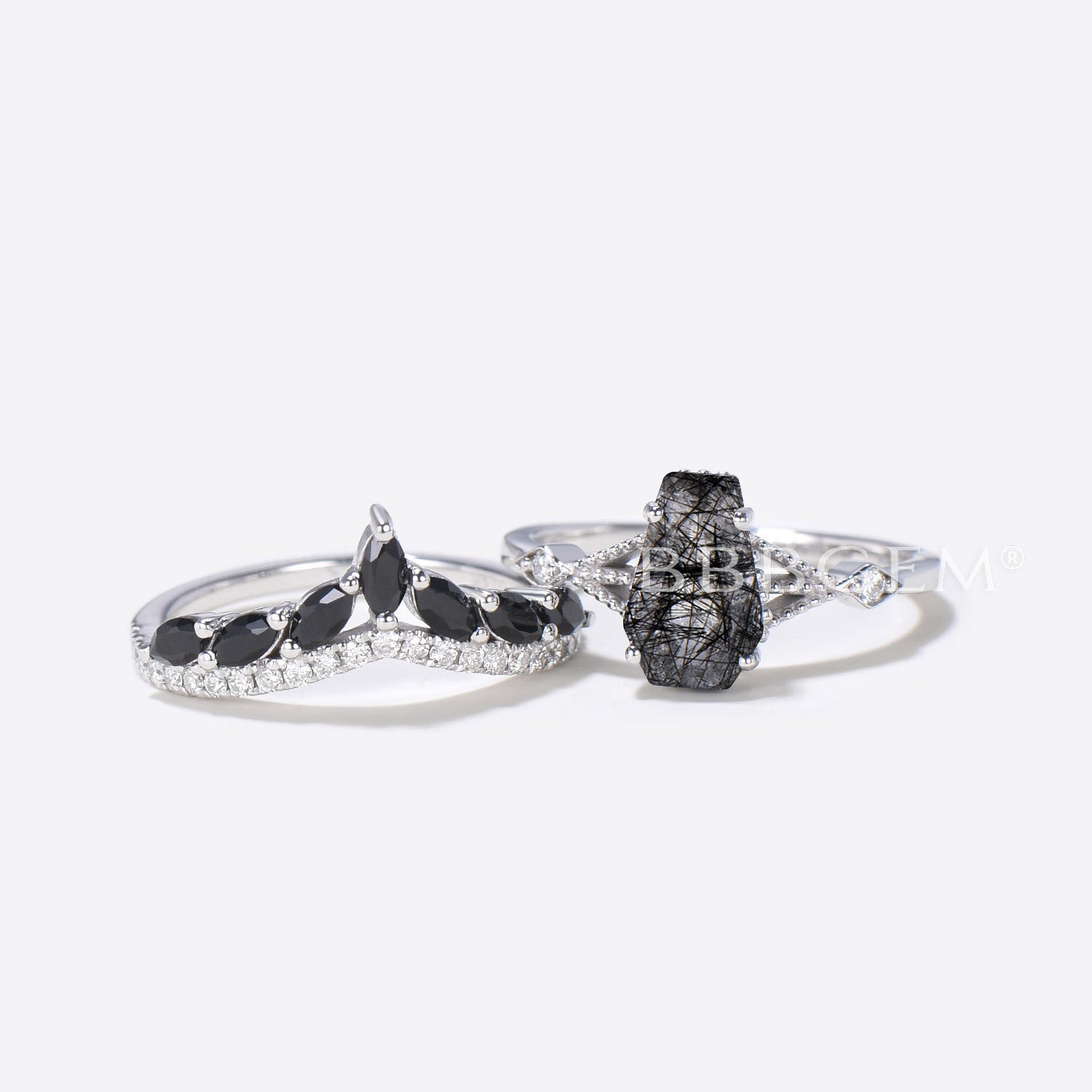 Three Stone Coffin Shaped Promise Ring Set - Black Rutilated Quartz & Black Spinel Band in Rose Gold - Perfect for Engagement, Anniversary & Gothic Jewelry Lovers