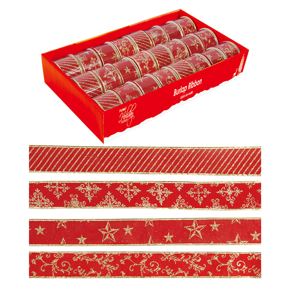 2 X 3 Yd Christmas Faux Burlap Ribbon with Glitter - 4 Assortments for Holiday Gift Wrapping, Tree Decor & DIY Crafts