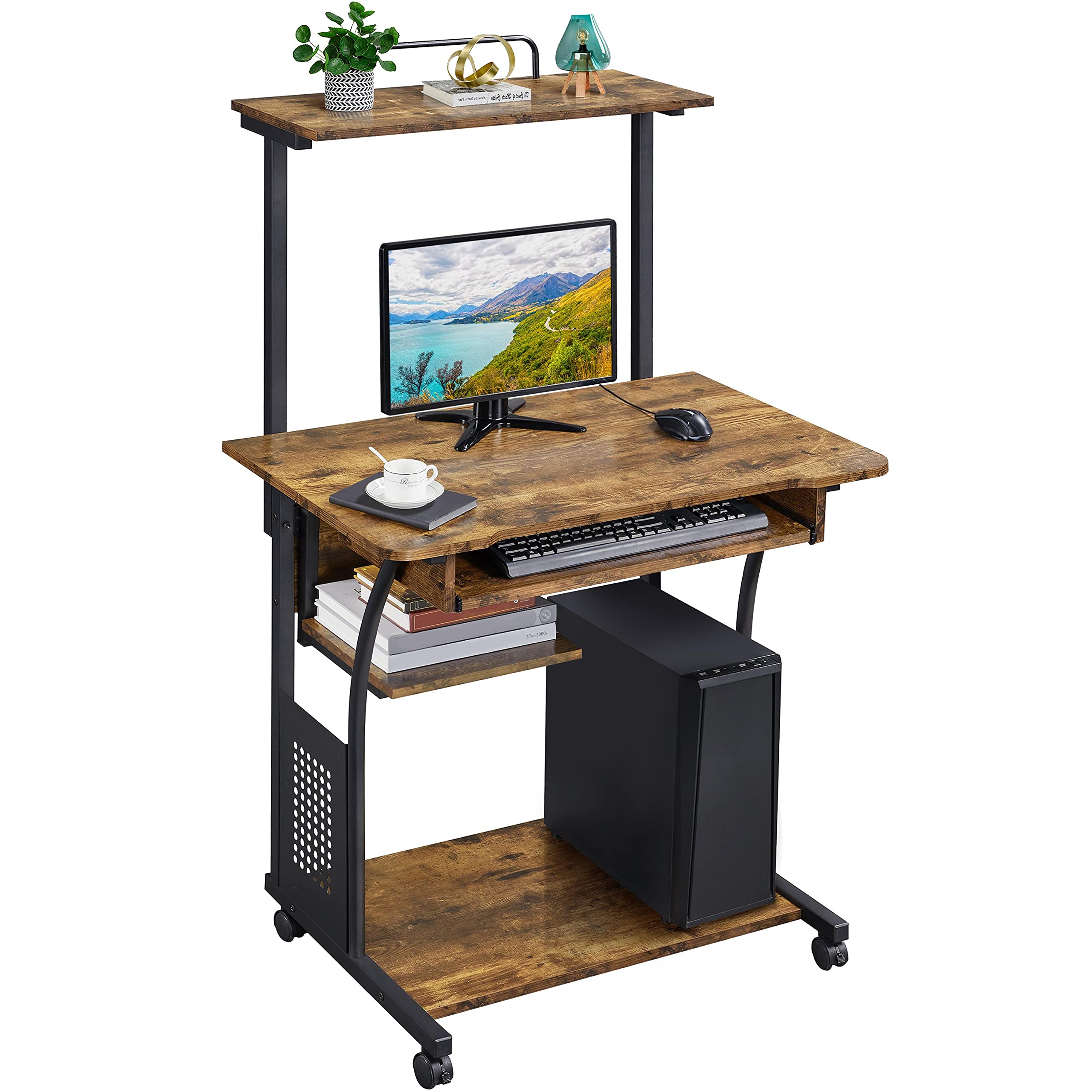 Yaheetech 3-Tier Rolling Computer Desk with Keyboard Tray & Printer Shelf - Compact Mobile Workstation for Home Office, Small Spaces & Gaming Setup - Rustic Brown Retro Style PC Laptop Desk for Work, Study & Creative Projects