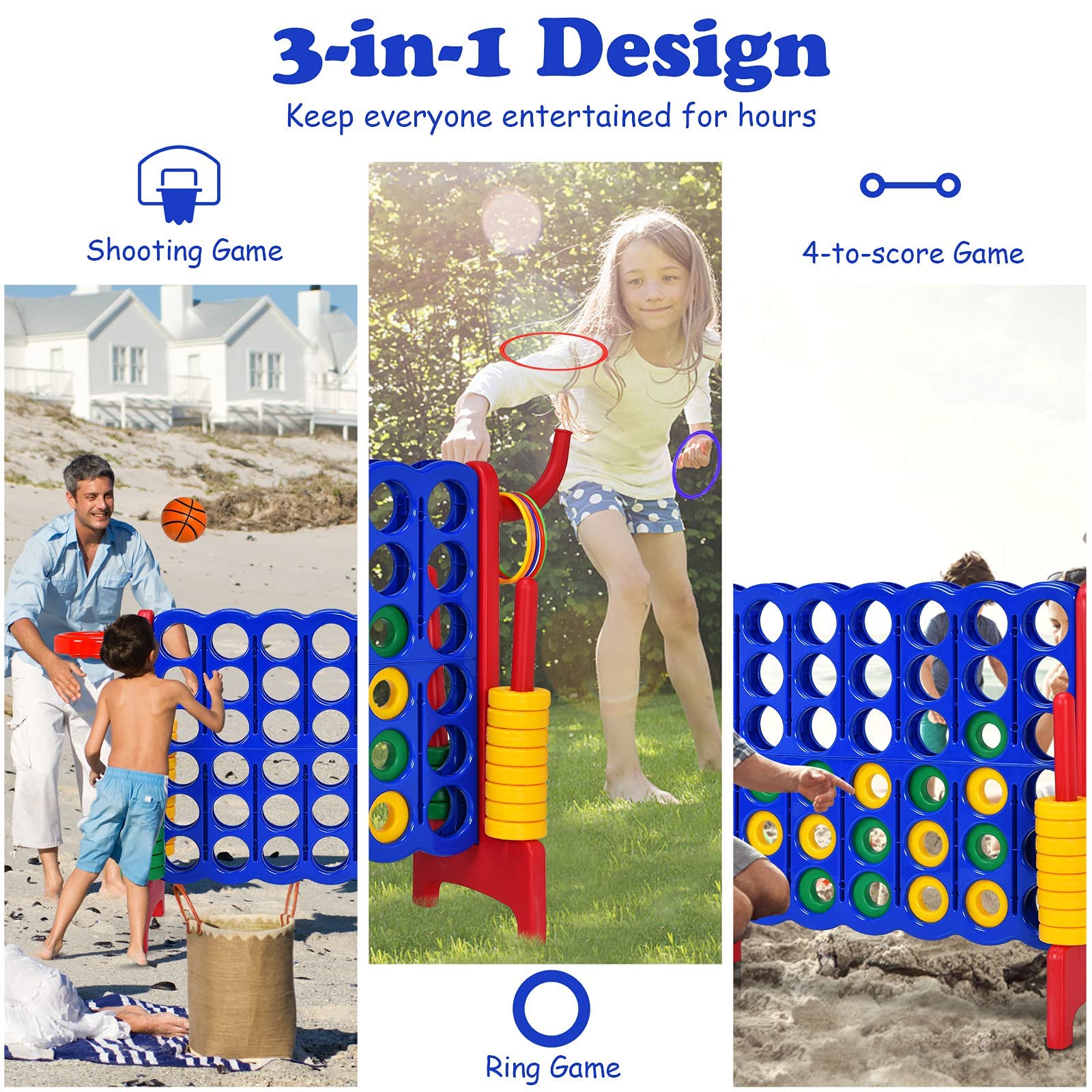 Costzon Giant 4-in-A-Row Game Set with Carrying Bag - Jumbo 4-to-Score Connect Game for Kids & Adults - Includes Basketball Hoop, 42 Large Rings & Quick-Release Slider - Fun Indoor & Outdoor Backyard Party Games for Family Gatherings, BBQs, and Picnics