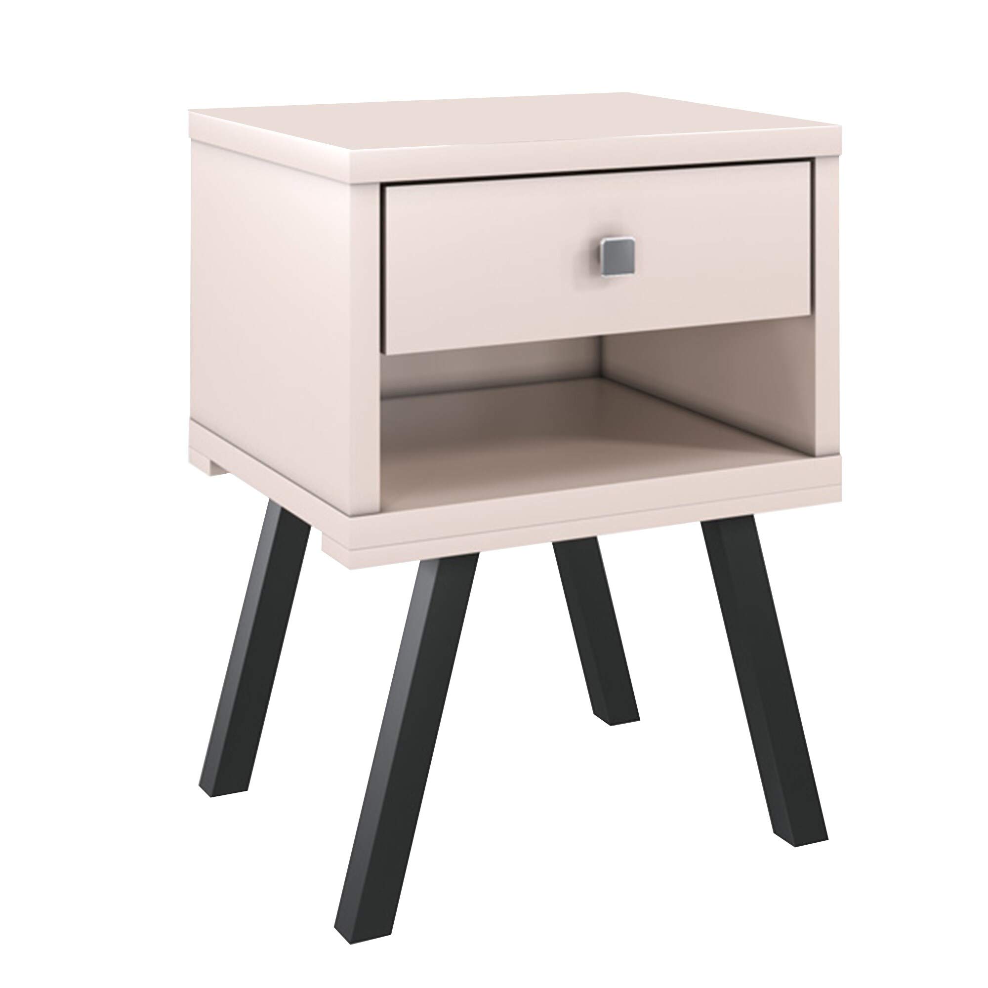 25 Inch White Modern Wooden End Table with Drawer - Contemporary Nightstand with Splayed Legs & Reclaimed Look - Perfect for Bedroom, Living Room or Office Side Table - Rectangle MDF Natural Finish
