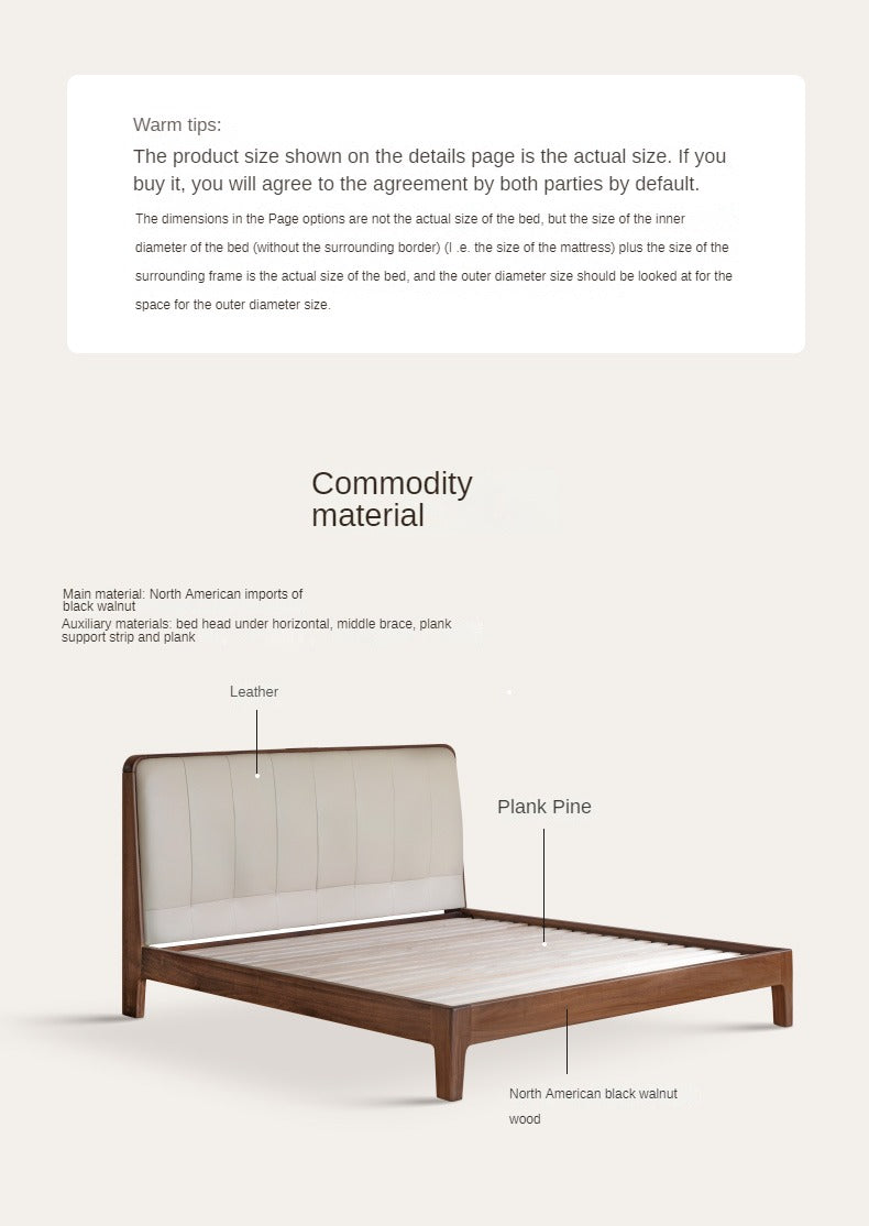 Premium Black Walnut Solid Wood Bed with Genuine Leather Upholstery - USB Charging Ports Included - Perfect for Master Bedrooms & Guest Rooms