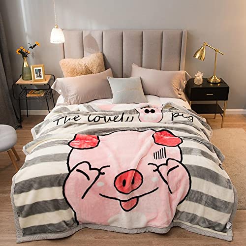 Korean Mink Blanket | Plush Fleece Blanket with Cartoon Pig & Pink Stripes | 2-Ply Heavy Weight | King Size Winter Blanket for Bed, Sofa & Travel | Ultra Soft Wrap for Cold Weather