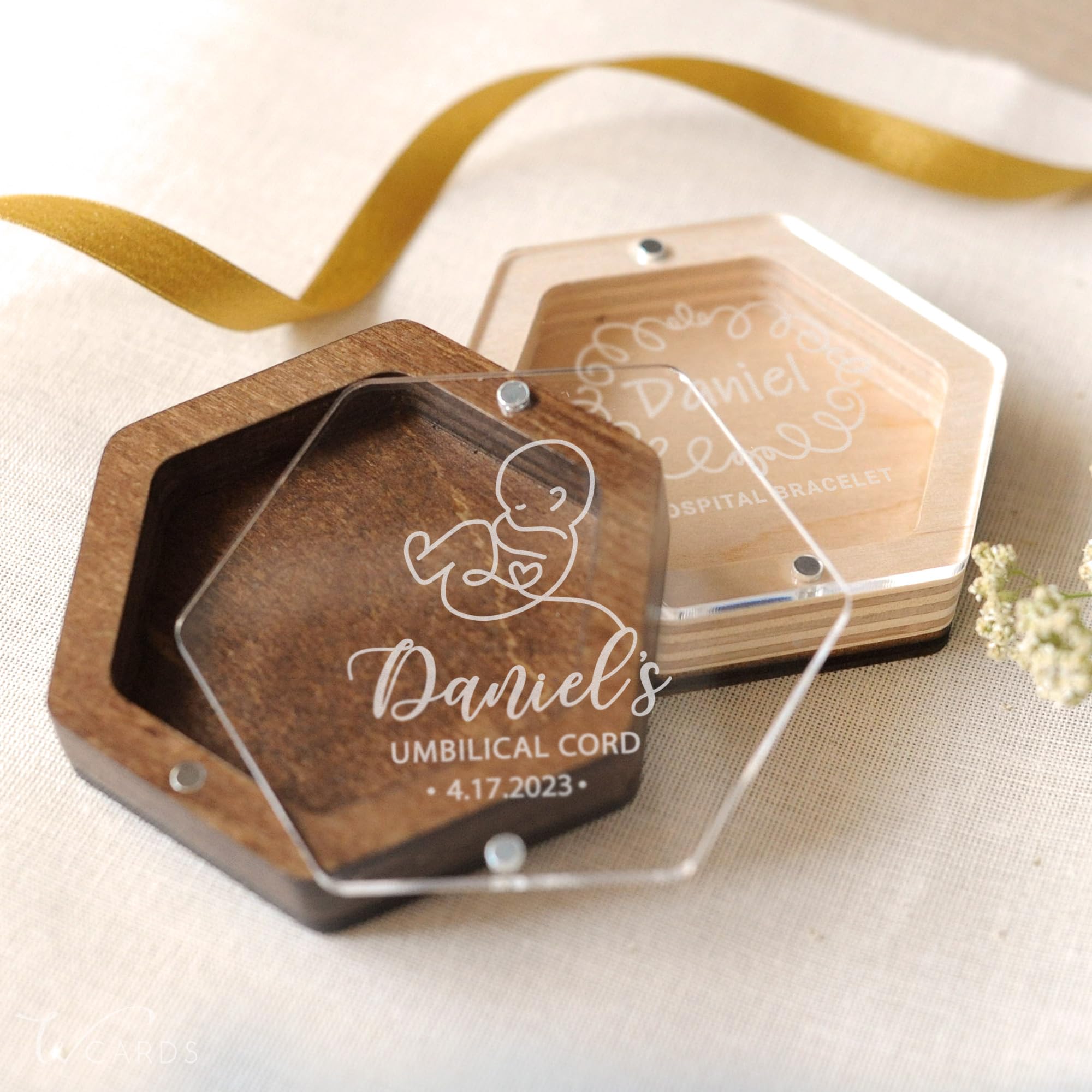 Personalized Baby's First Haircut Memory Box - Custom Wooden Keepsake with Engraved Name, Baby Hair & Tooth Storage, Umbilical Cord Case - Perfect Baby Shower & First Birthday Gift (Light Wood + Golden Bag) for Nursery Decor & Milestone Preservation