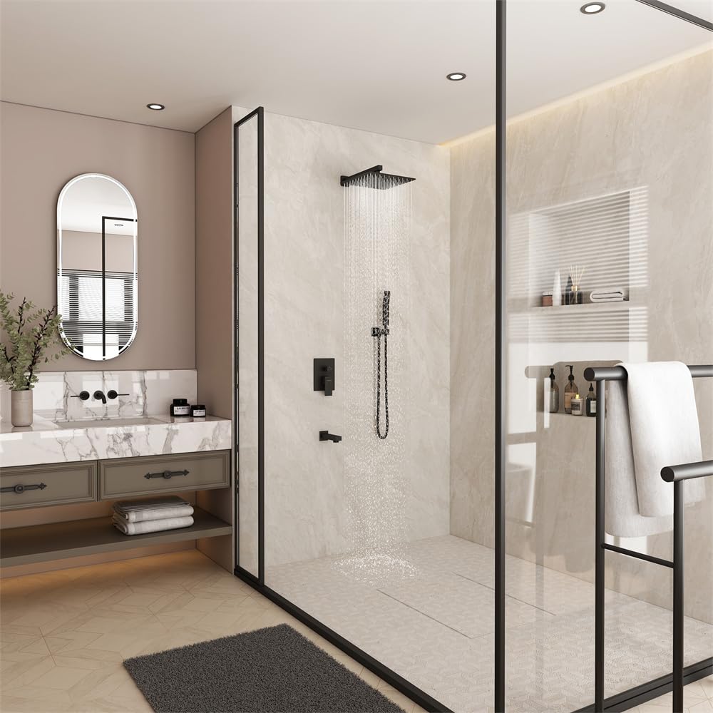Premium 12 Inch Rainfall Shower System - High Pressure Matte Black Shower Head with 3 Functions (Wall Mounted) for Spa-Like Bathroom Experience