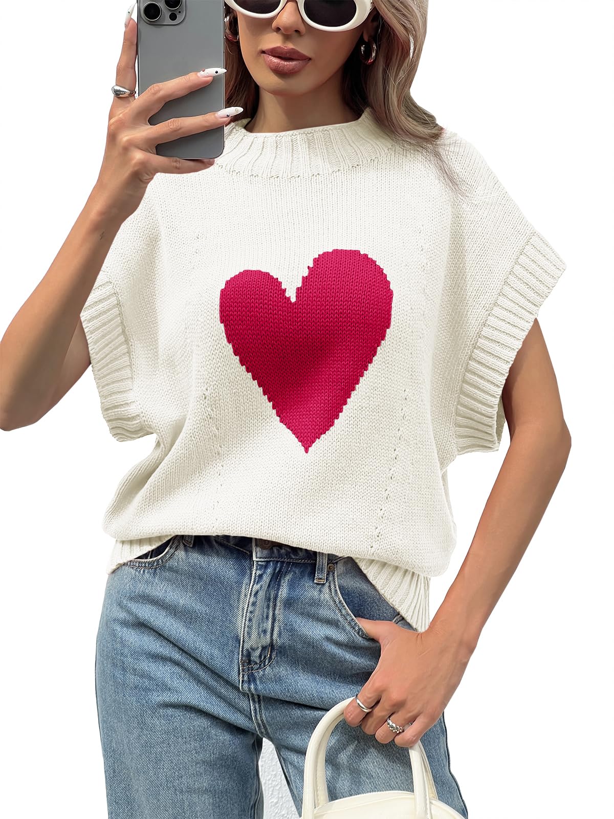 Saodimallsu Women's Heart Print Cropped Sweater - Mock Neck Cap Sleeve Knit Top for Valentine's Day, Date Night & Casual Wear