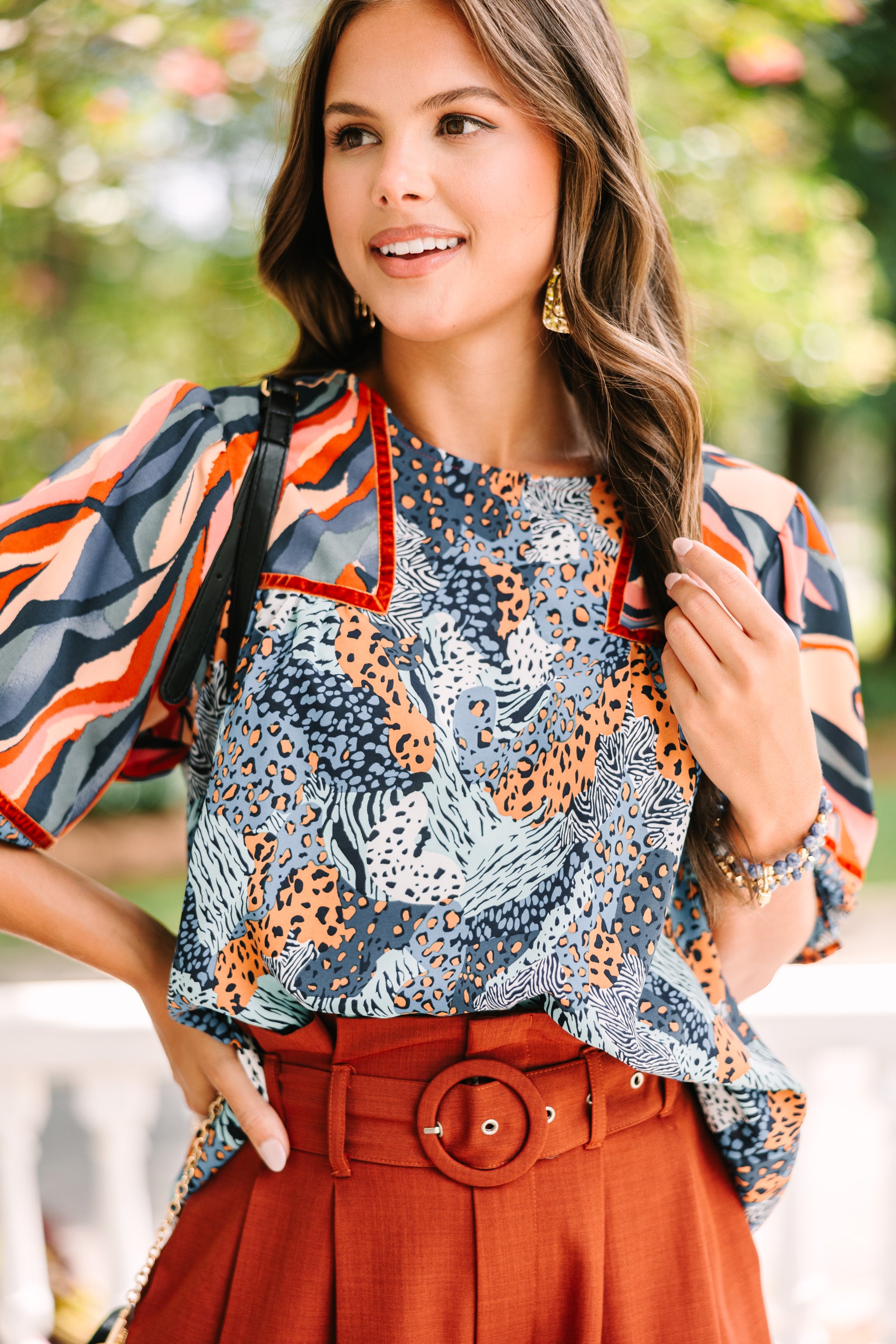 Stylish Blue Mixed Print Blouse for Women | Trendy Floral & Geometric Pattern Top | Perfect for Office, Date Night & Summer Outfits