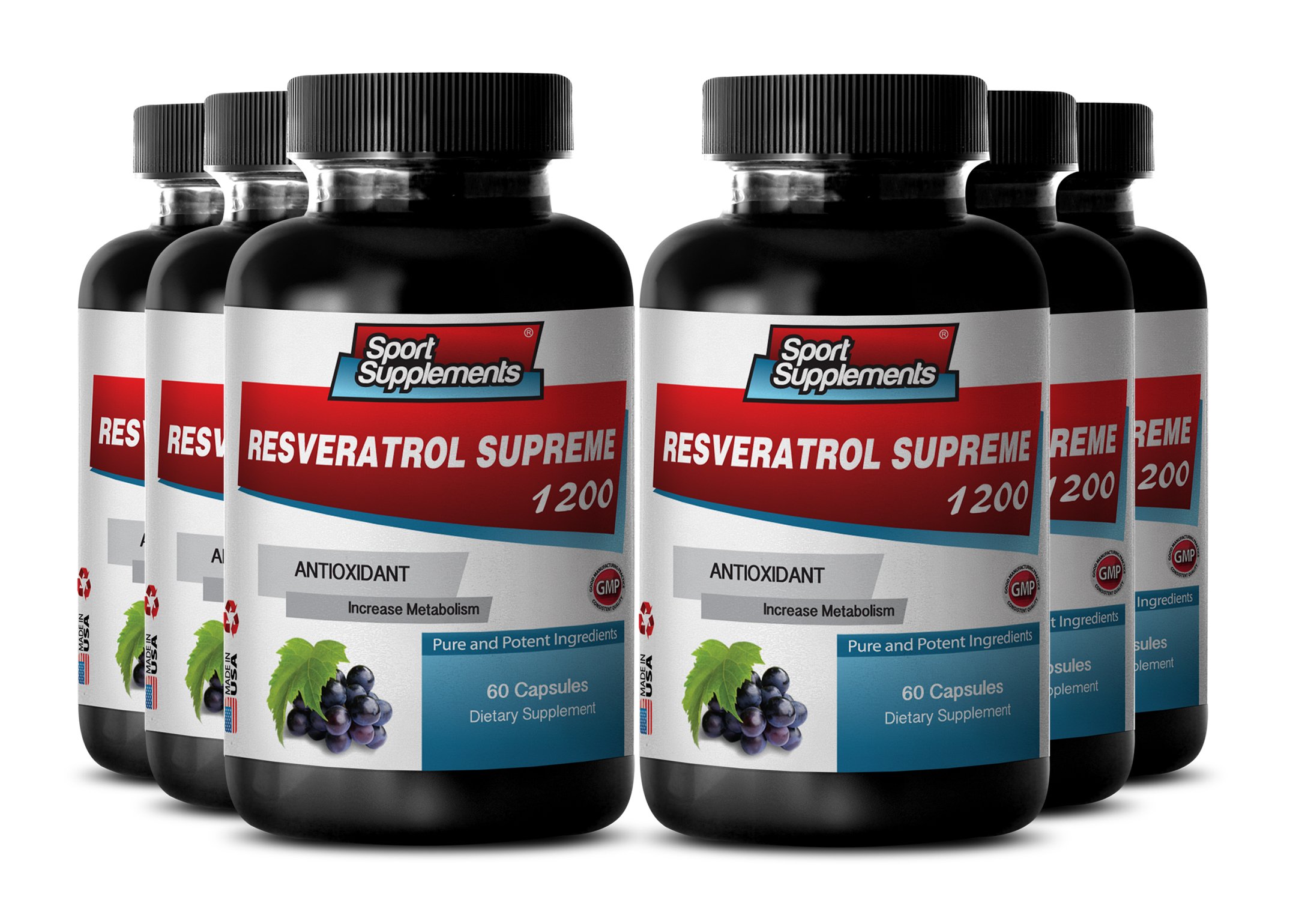 Premium Anti-Aging Supplement - Maximum Strength 1200mg Resveratrol Supreme with Red Wine Extract (6 Bottles) - Supports Heart Health & Youthful Skin for Active Adults
