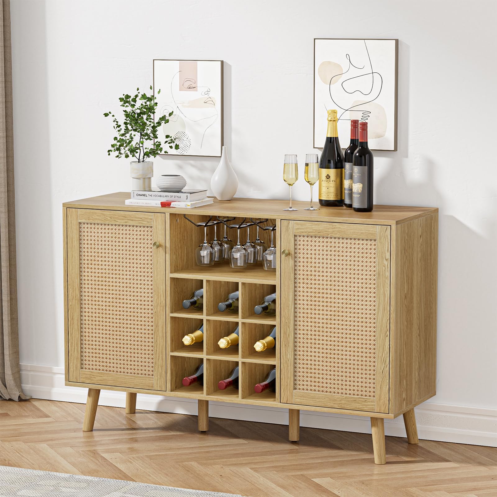 Giluta Rattan Wine Bar Cabinet with 2 Doors - Farmhouse Liquor Storage with Wine Rack & Glass Holder - Rustic Oak Sideboard Buffet for Living Room, Dining Room & Kitchen - Perfect for Home Entertaining & Wine Display