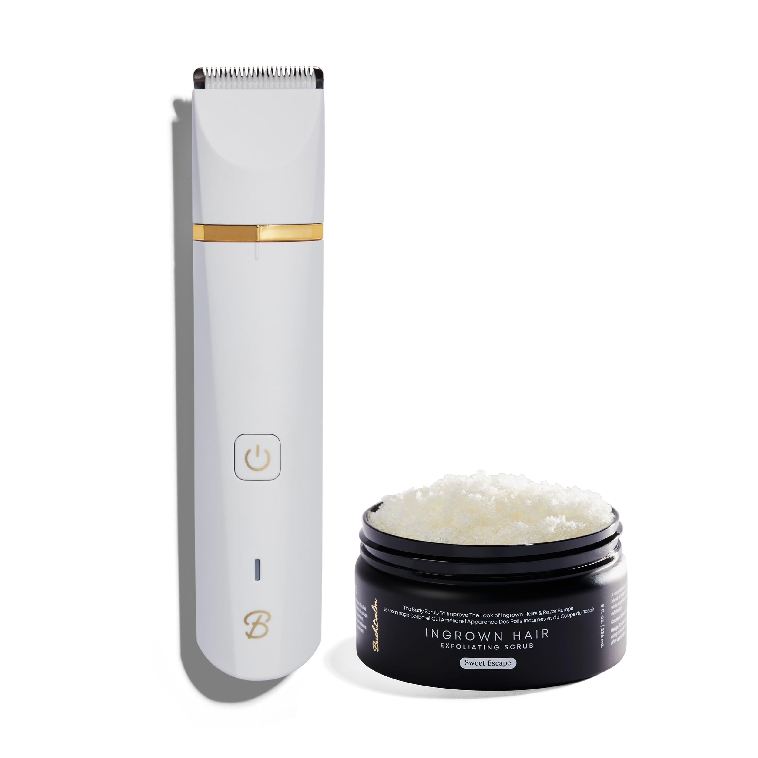 Bushbalm Sweet Escape Exfoliating Scrub (8 oz) for Keratosis Pilaris & Francesca Trimmer Electric Shaver for Men & Women – Smooth Skin Treatment & Pre-Wax Preparation – Perfect for Body Care & At-Home Grooming