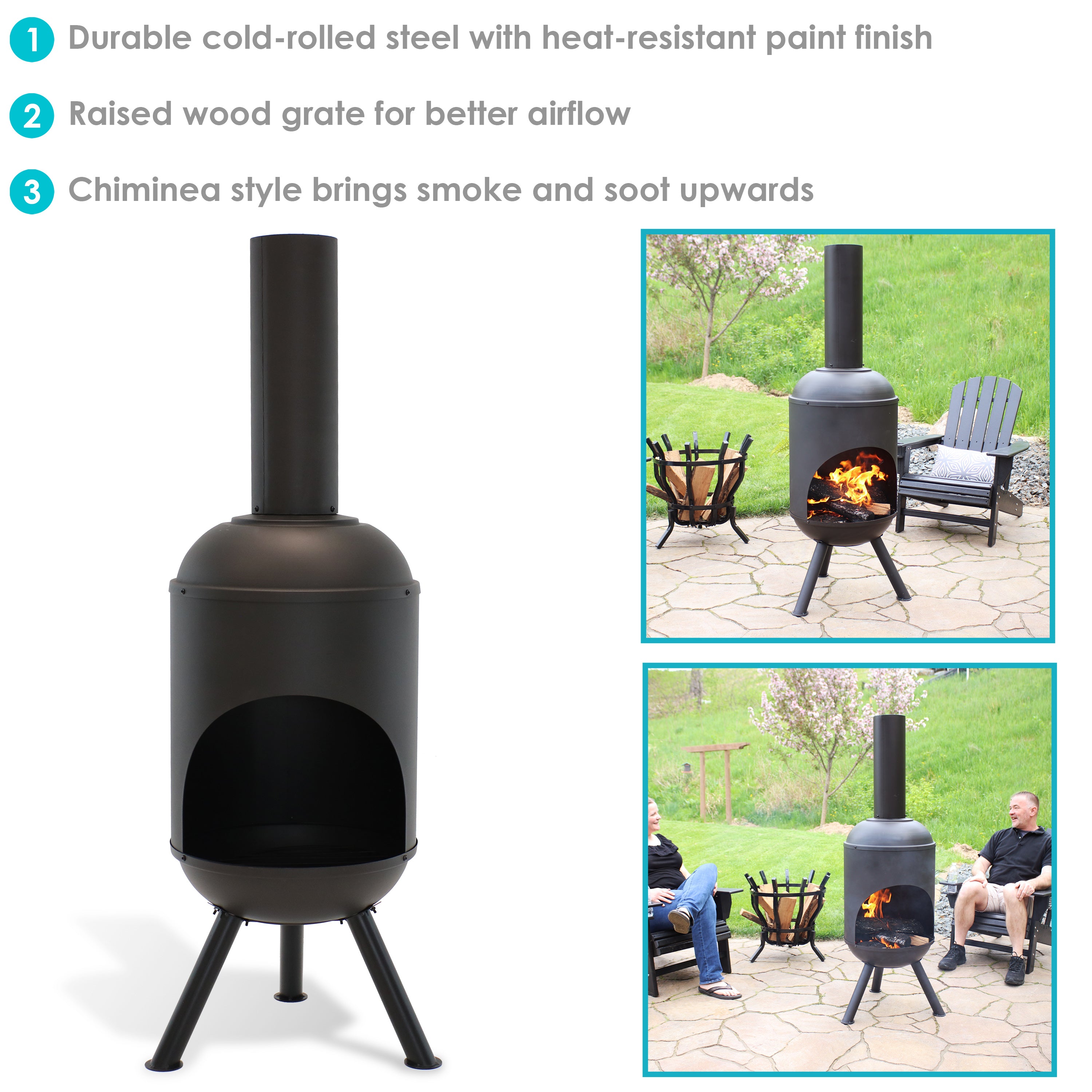 5' Black Outdoor Fire Pit Chiminea by Sunnydaze - Perfect for Backyard, Patio, and Camping Gatherings