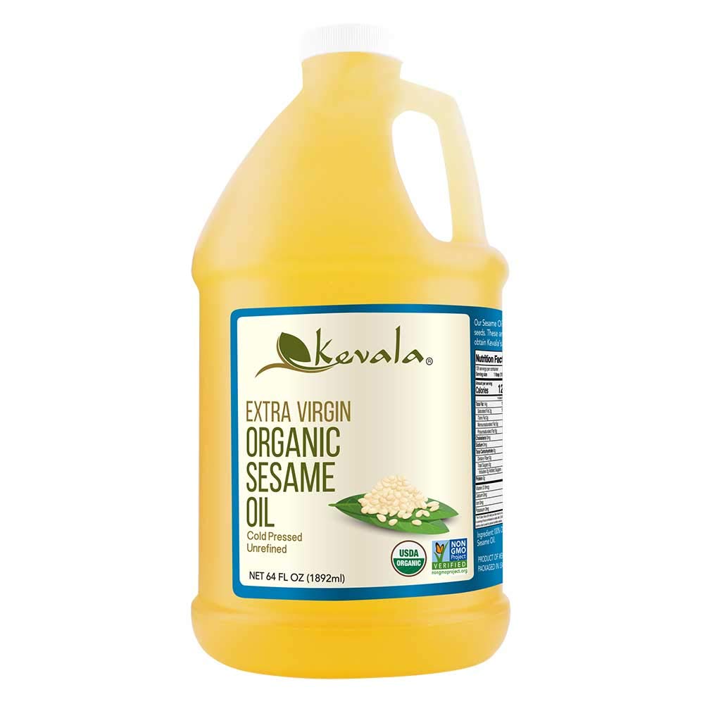 Kevala Organic Extra Virgin Sesame Oil - 64 fl oz (Half Gallon) - Cold Pressed Unrefined Sesame Seed Oil for Cooking, Skin Care & Hair Treatment - Perfect for Asian Cuisine, Salad Dressings & Massage Therapy