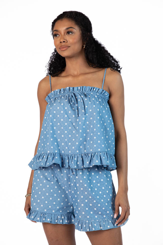 Stylish Blue Printed Chambray Outfit Set for Women | Trendy Matching Top & Bottom | Perfect for Casual Wear, Weekend Outings & Summer Fashion