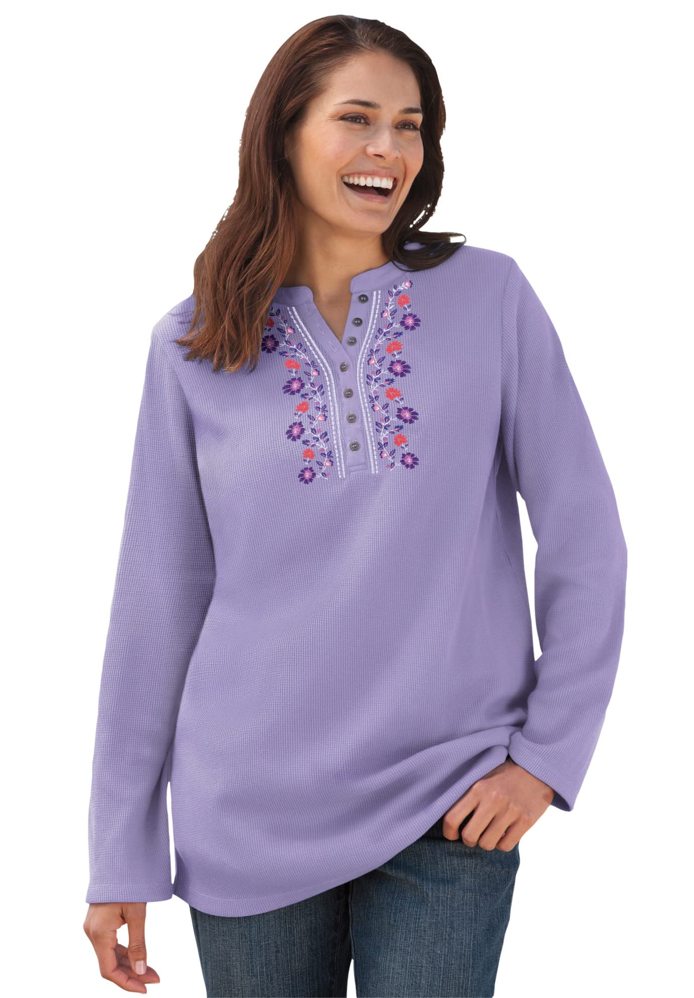 Woman Within Women's Plus Size Embroidered Thermal Waffle Henley Tee - Warm Long Sleeve Underwear Top for Winter Layering & Cold Weather Comfort