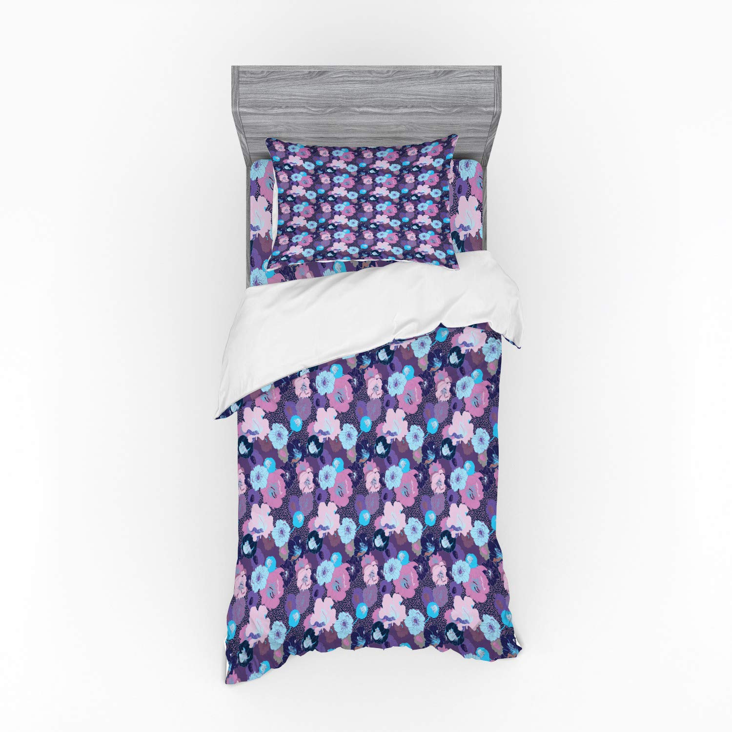 Ambesonne Floral Duvet Cover Set - 3 Piece Bedding with Sham & Fitted Sheet, Twin XL Size, Tropical Peony Hibiscus Tulip Meadow Design, Multicolor for Girls Bedroom, Guest Room & Vacation Home Decor