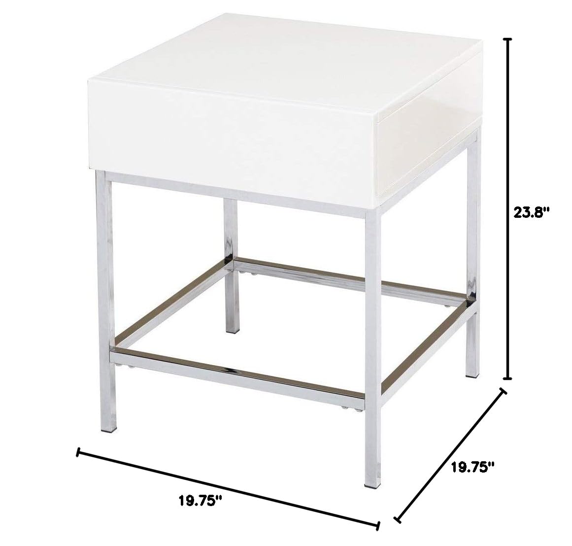 Modern White High-Gloss Metal End Table with Square MDF Drawers - Contemporary Nightstand for Living Room, Bedroom & Office Storage Solution