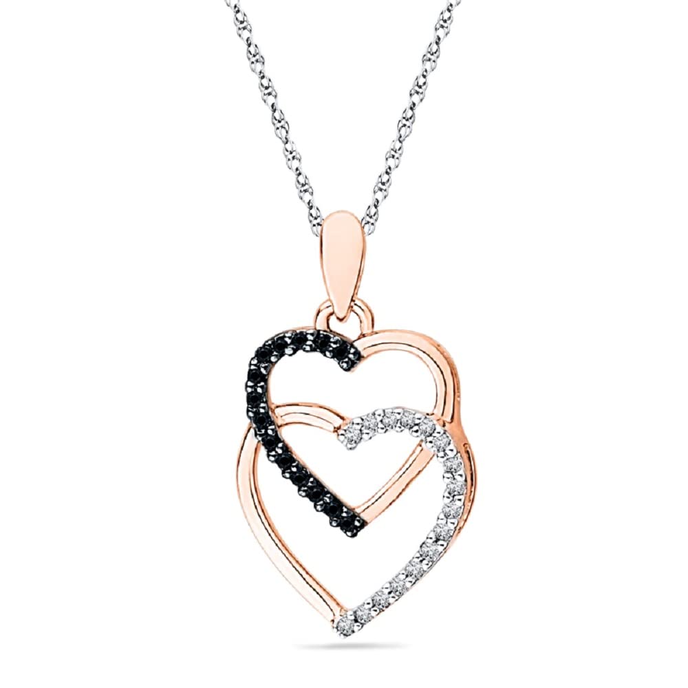 1.55CT Round Cut Black & White CZ Diamond Double Heart Pendant Necklace - 14K Two-Tone Gold Plated 18