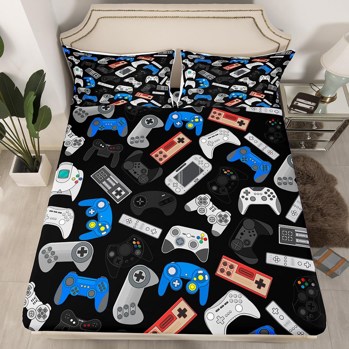 Queen Size Gaming Bed Sheet Set for Teens & Kids - Breathable 3-Piece Video Game Themed Bedding Decor for Boys & Gamers - Perfect for Bedrooms & Game Rooms (Fitted Sheet Only)