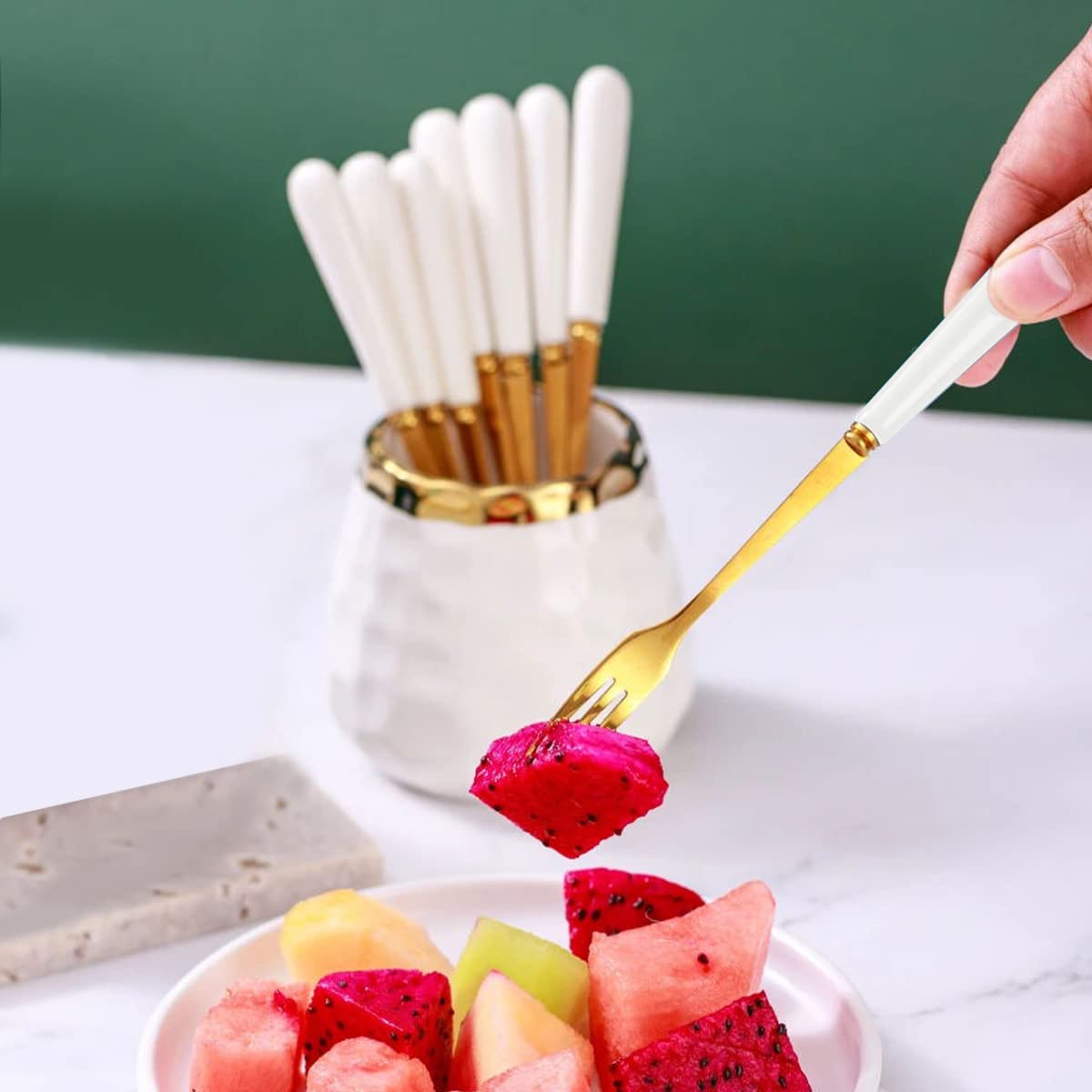 8-Pack Gold Dessert Forks - Stainless Steel Flatware with Ceramic Jar Holder - 6