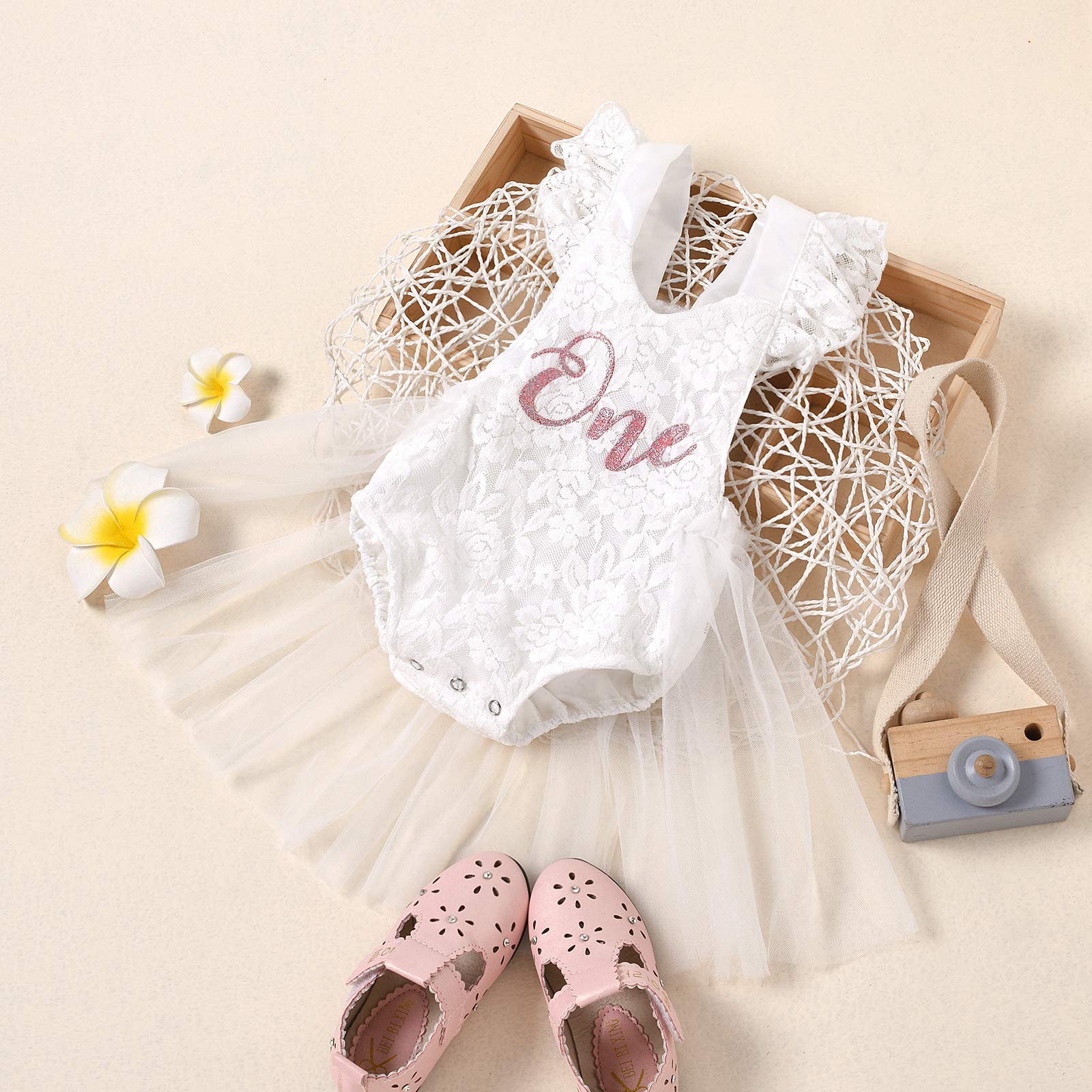 Baby Girl 1st Birthday Outfit - Lace Sleeve Ruffle Romper Dress with Floral Embroidery & Backless Tutu Skirt | First Birthday Photo Shoot, Party Dress, Special Occasion Outfit