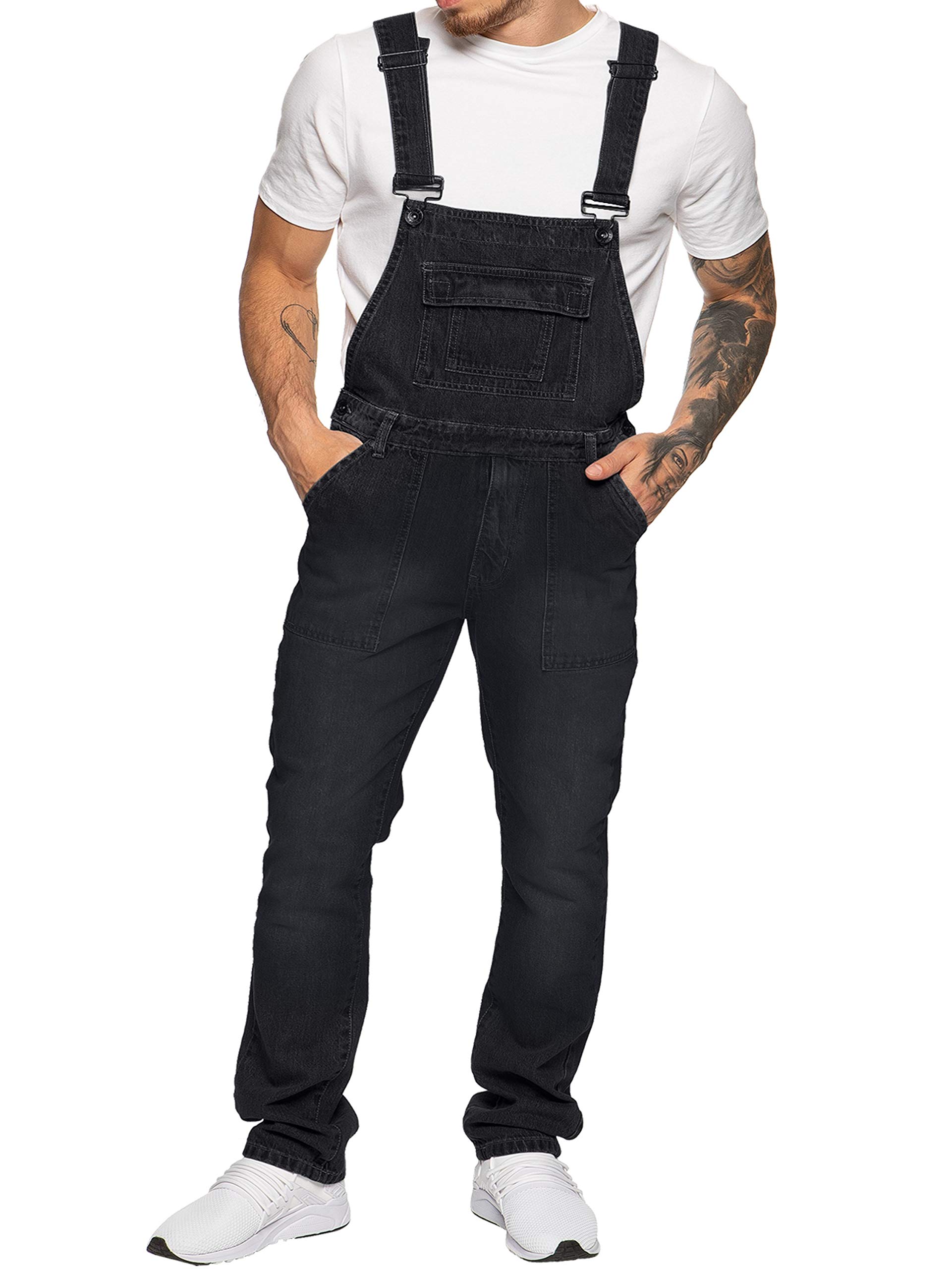 Ze ENZO Men's Denim Blue & Black Dungarees - Workwear Overalls with Fashionable Casual Style - Waist Sizes 30-50 - Perfect for Construction, Farming, DIY Projects & Streetwear Fashion