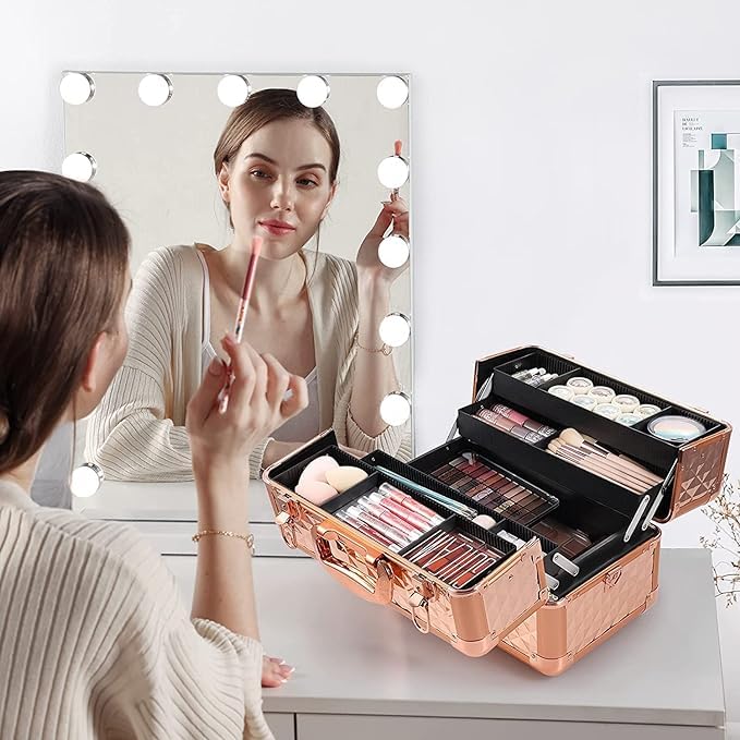 Professional Beauty Makeup Cosmetic Vanity Case - Diamond Cut Rose Gold Travel Organizer for Makeup Brushes & Cosmetics | Perfect for Home, Salon & Travel Use
