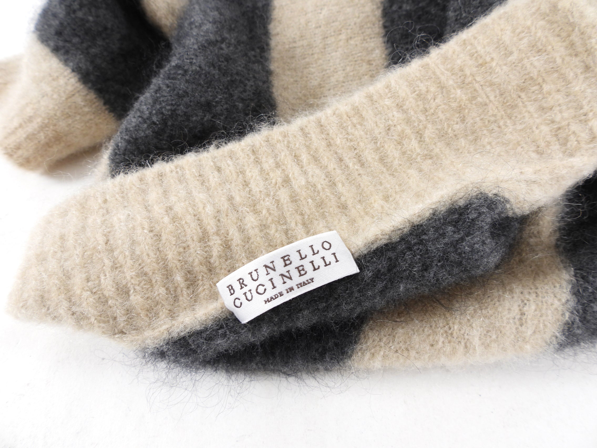 Brunello Cucinelli Beige & Grey Striped Mohair Cardigan Sweater for Women - Soft Luxury Knitwear for Office, Dinner & Fall Layering