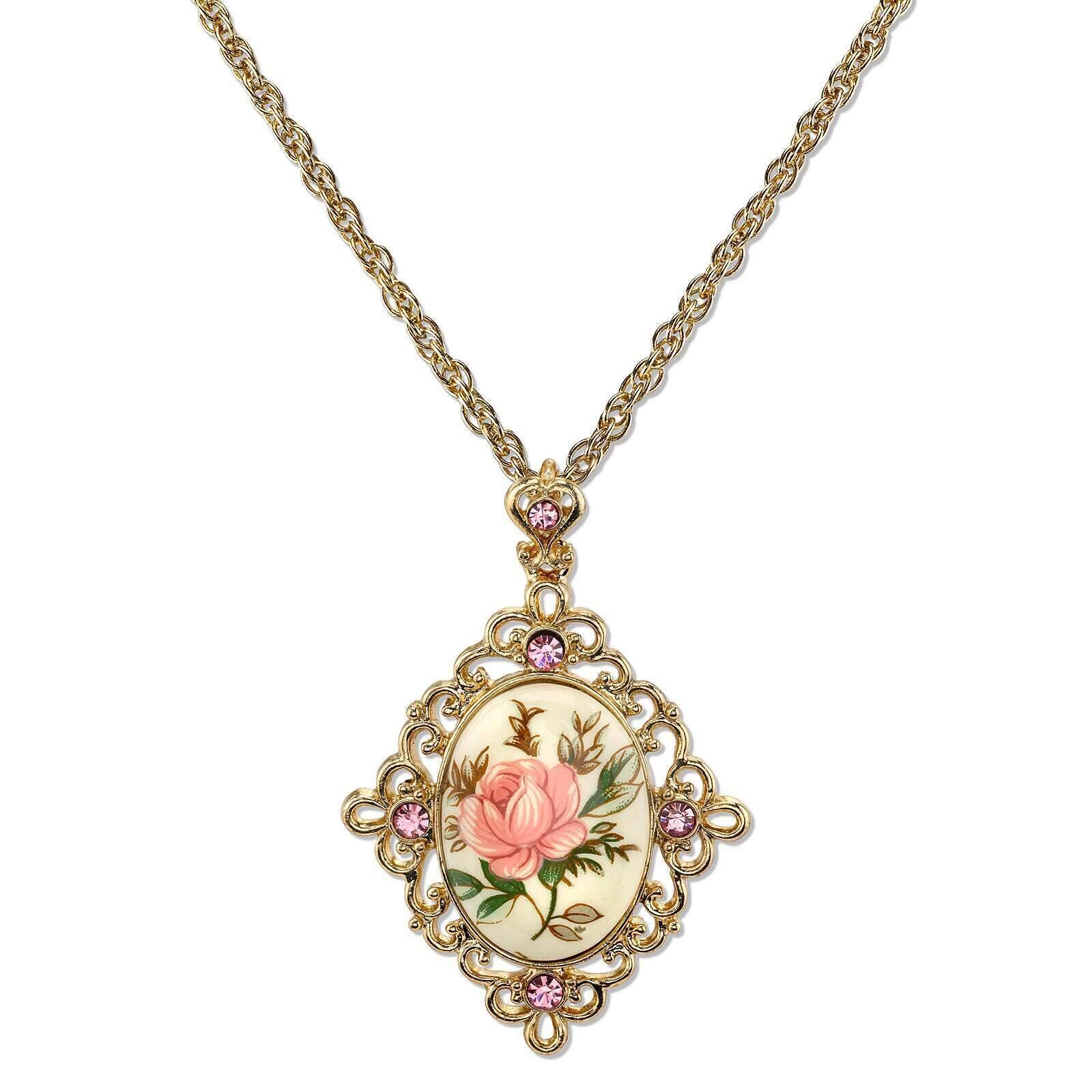 1928 Vintage Style Floral Crystal Pendant Necklace - Ivory Color with 16