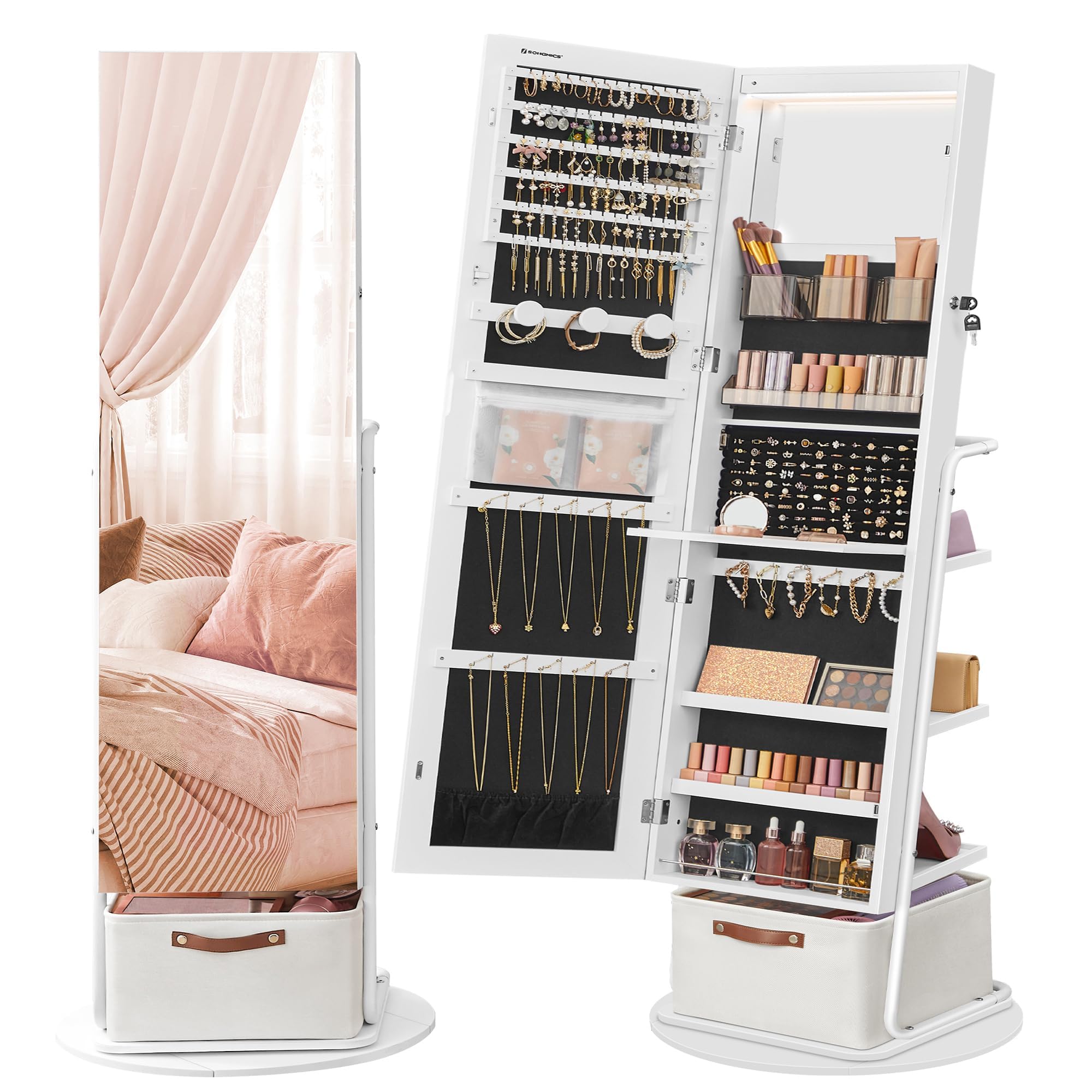 SONGMICS 360° Swivel Jewelry Cabinet with LED Lights - Full Length Mirror & Jewelry Storage Organizer - Standing Jewelry Armoire with Makeup Shelf & Storage Basket - Cloud White UJJC018W01 - Perfect for Bedroom, Dressing Room & Vanity Organization