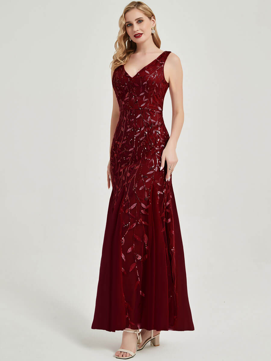 Burgundy V-Neck Sleeveless Sequin Mermaid Evening Gown for Wedding Bride - Perfect for Prom, Cocktail Party & Formal Occasions