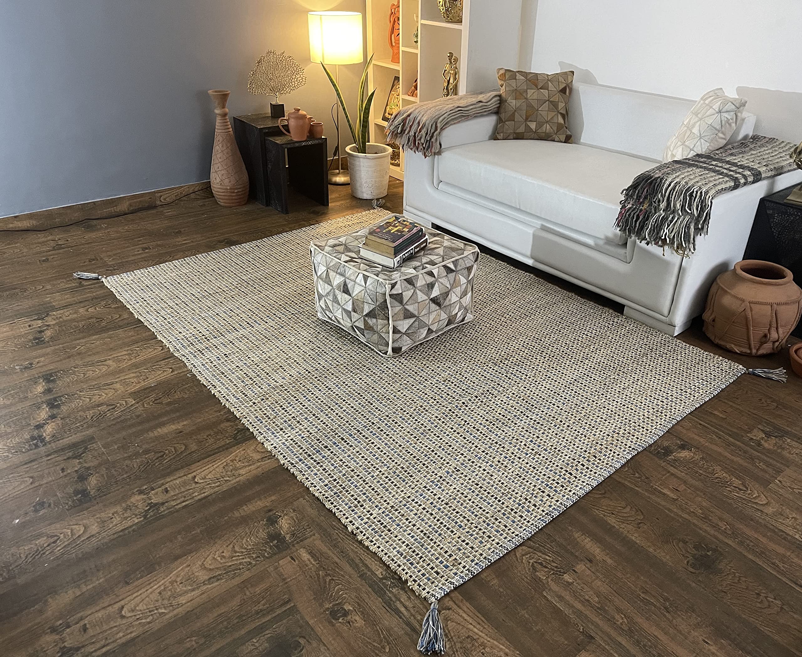 Handmade Natural Hemp & Cotton Carpet - 5' x 7' Ocean Blue Rug for Living Room, Bedroom, Family Room - Easy Maintenance, Eco-Friendly Floor Decor for Cozy Home Ambiance