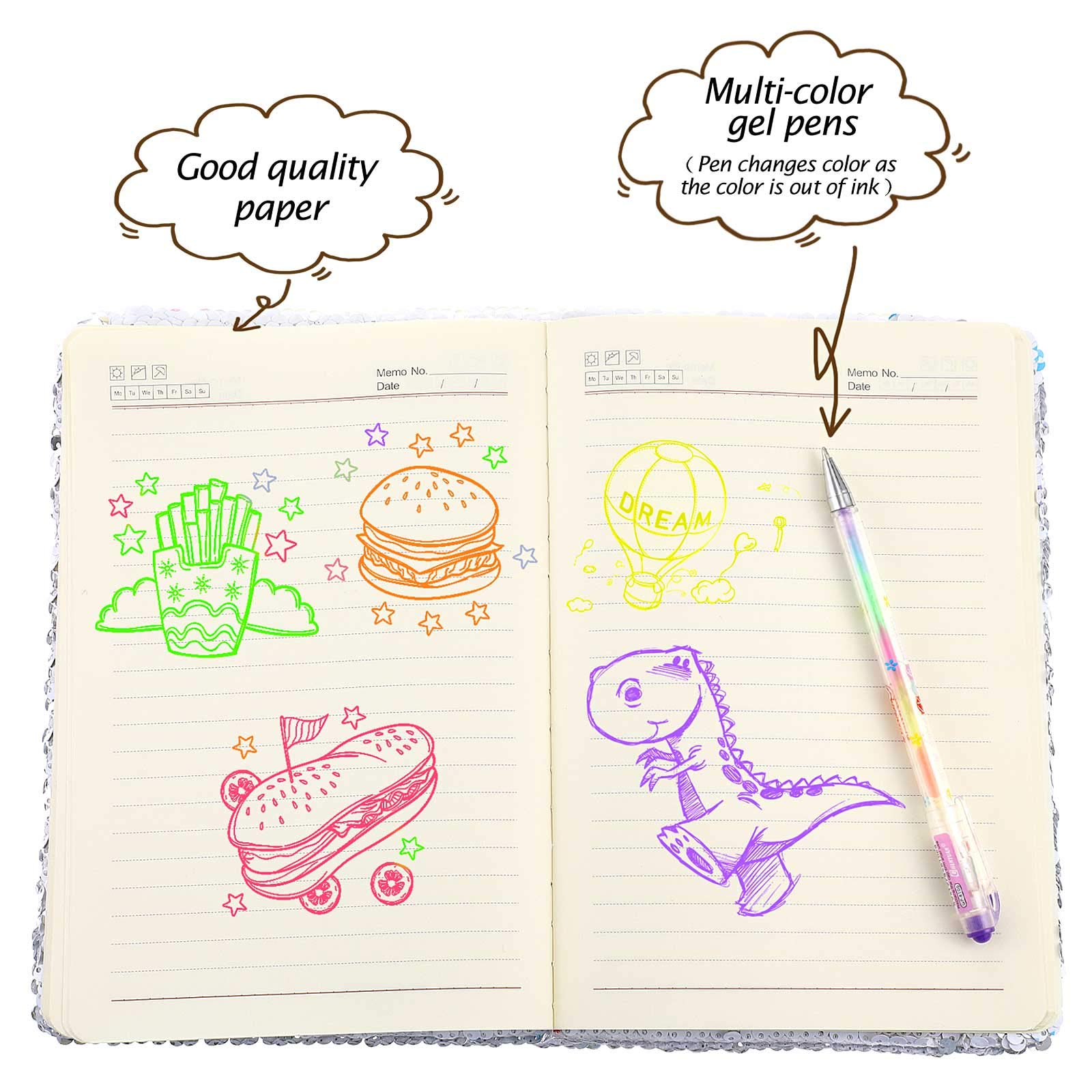 Outus Sequin Girls Journal Set with 4 Color Gel Pens - Reversible Glitter Diary Notebook for Teens, Heart Shaped Candy Color Writing Gift - Perfect for School, Birthday Presents & Creative Note Taking