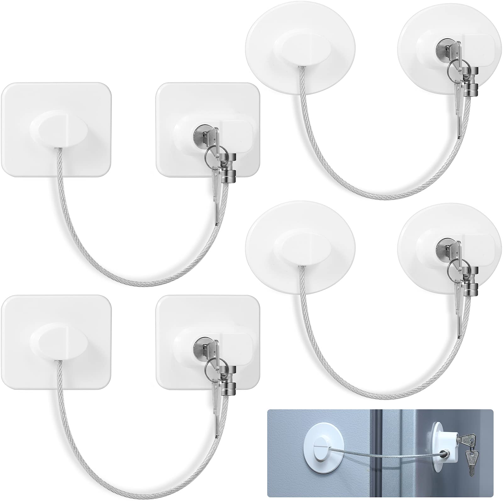 4-Piece Fridge Lock Set with 8 Keys - Child Safety Locks for Refrigerator, Freezer, Cabinets, Sliding Closets, Drawers & Toilet Seats - Durable White Childproofing Solution for Kitchen & Home Safety